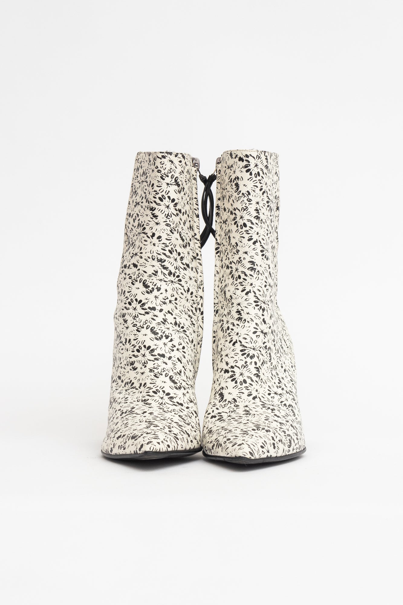 White Leather Block Heel Flower Print Stamped Boots