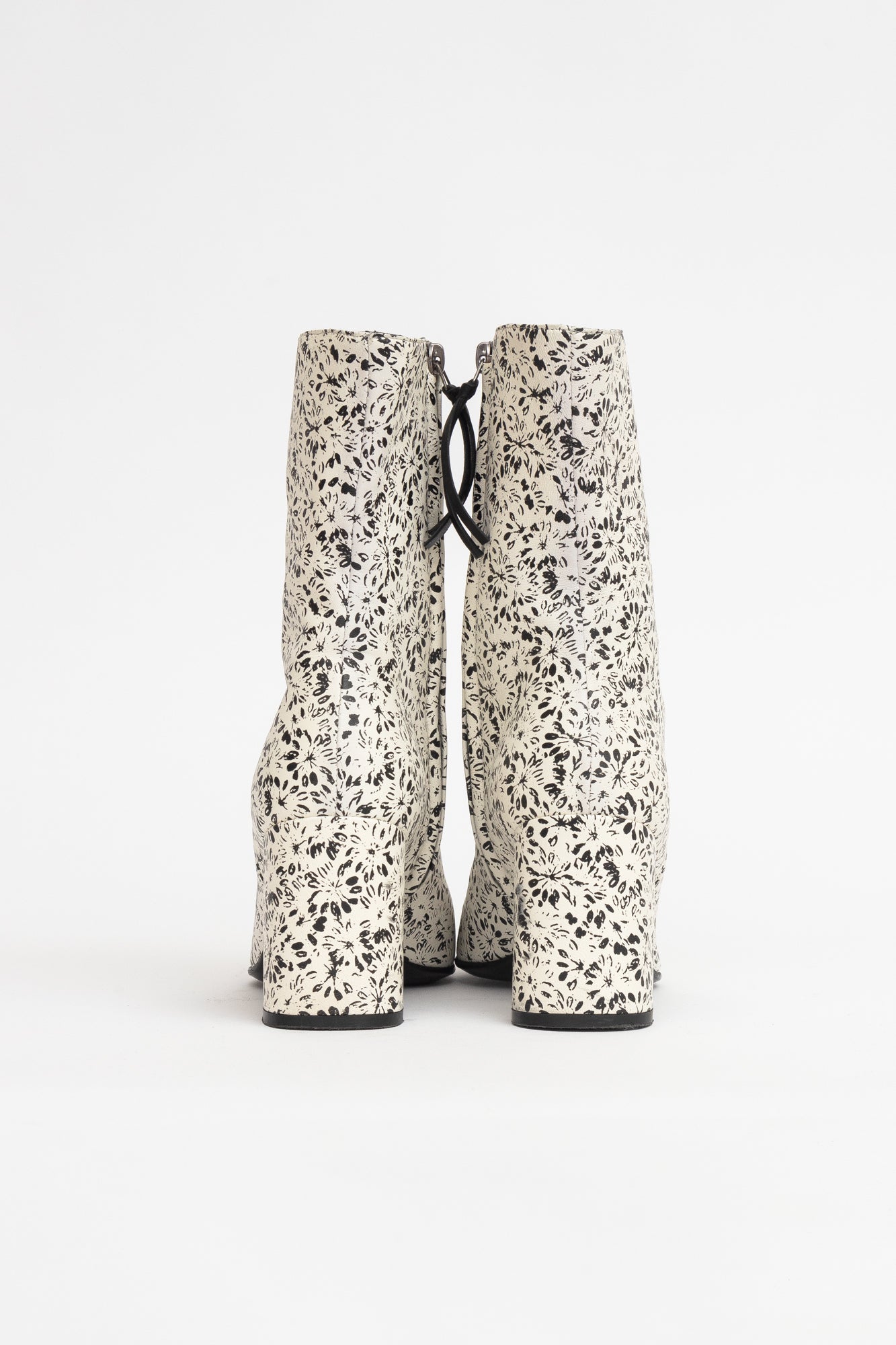 White Leather Block Heel Flower Print Stamped Boots