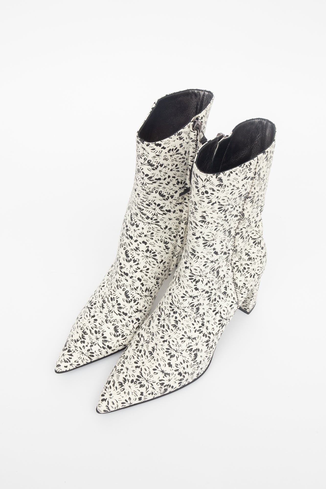 White Leather Block Heel Flower Print Stamped Boots