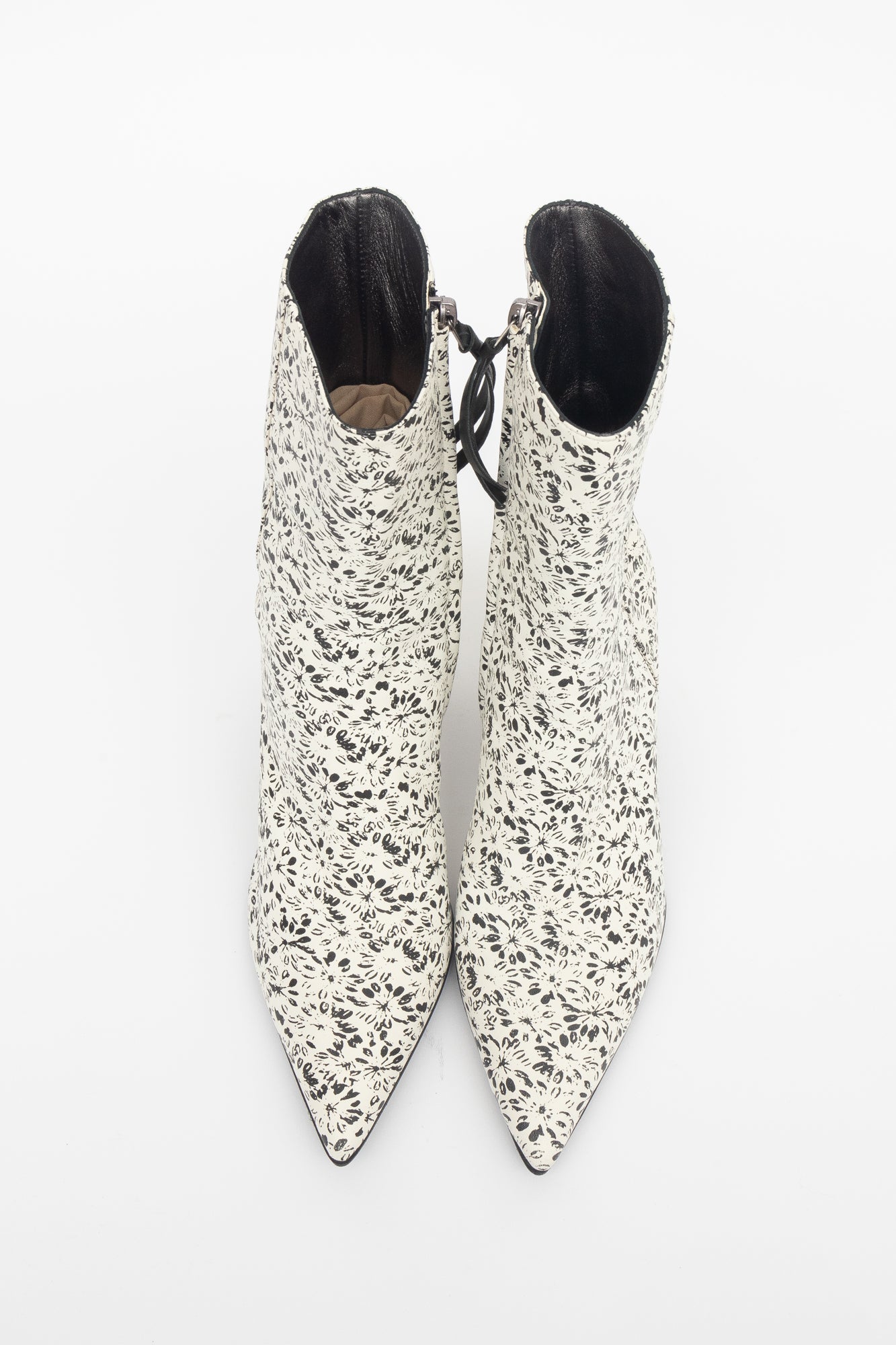 White Leather Block Heel Flower Print Stamped Boots