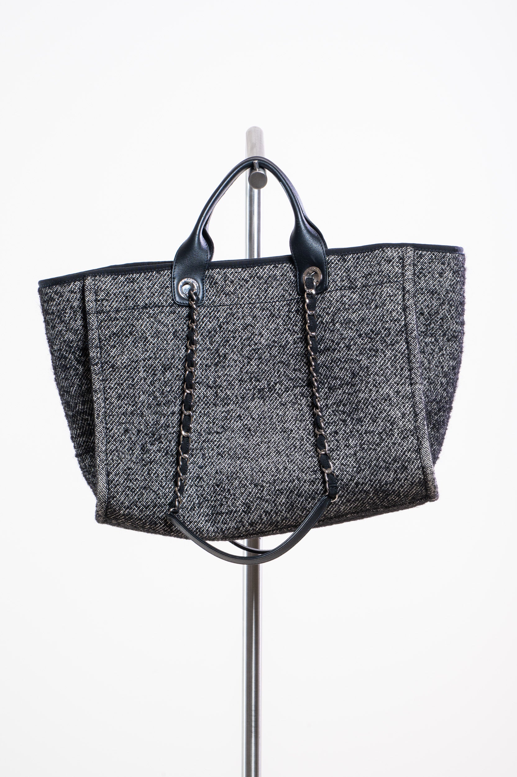 Back view of Chanel Deauville Black/White Wool Medium Chain Tote