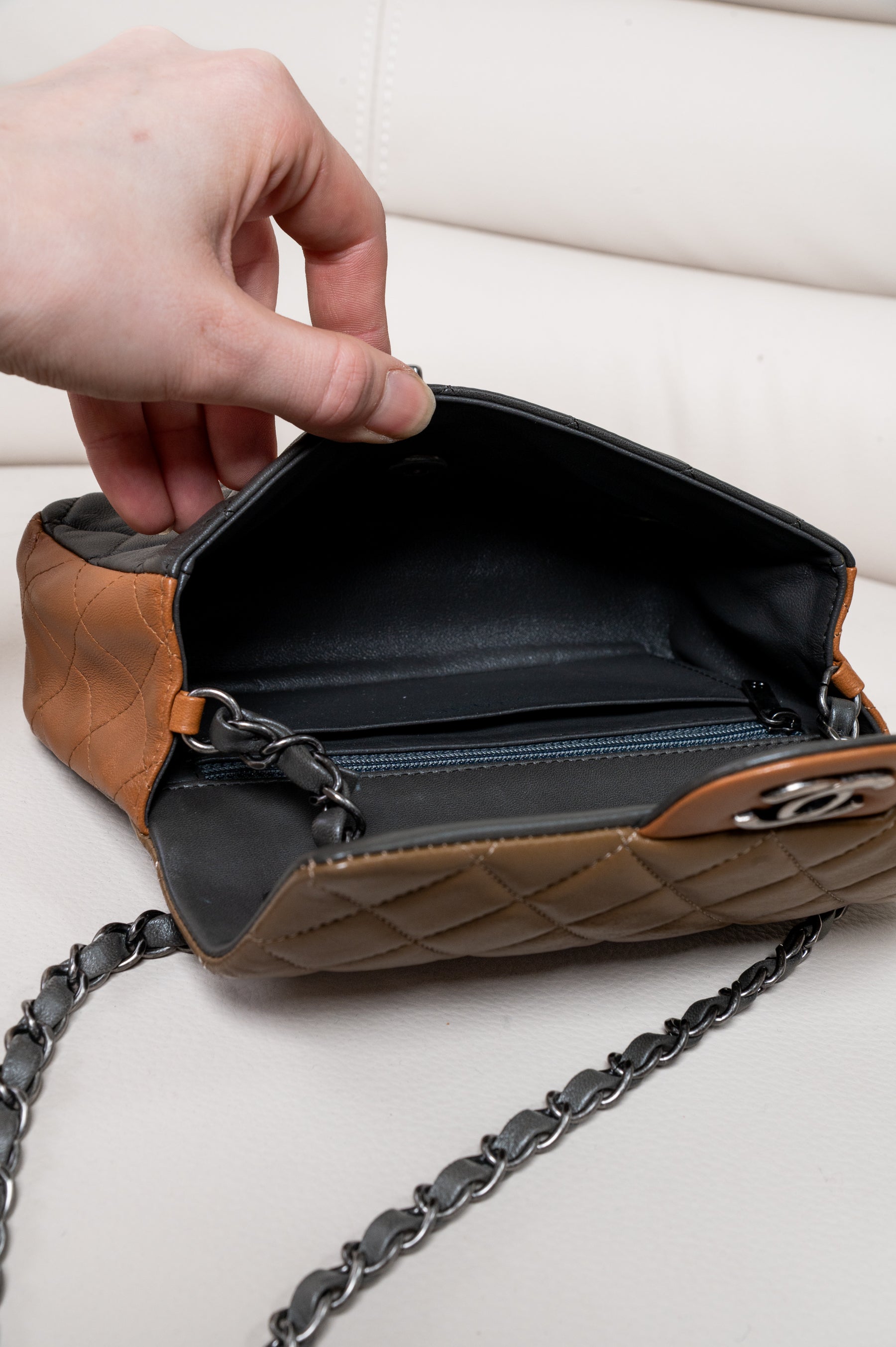 Tri-Color Lambskin Quilted Mini Rectangular Khaki/Brown Flap Bag