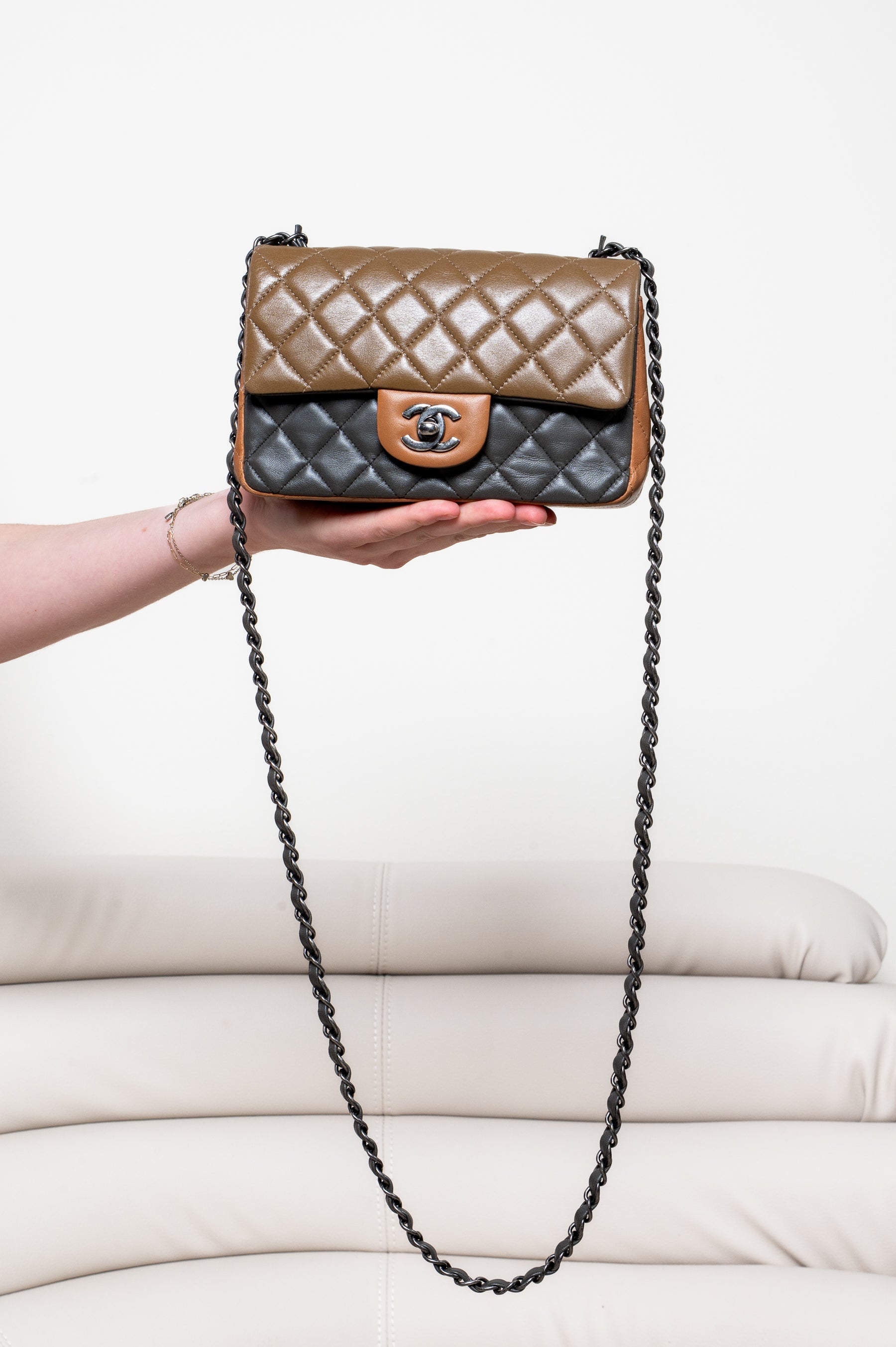 Tri-Color Lambskin Quilted Mini Rectangular Khaki/Brown Flap Bag