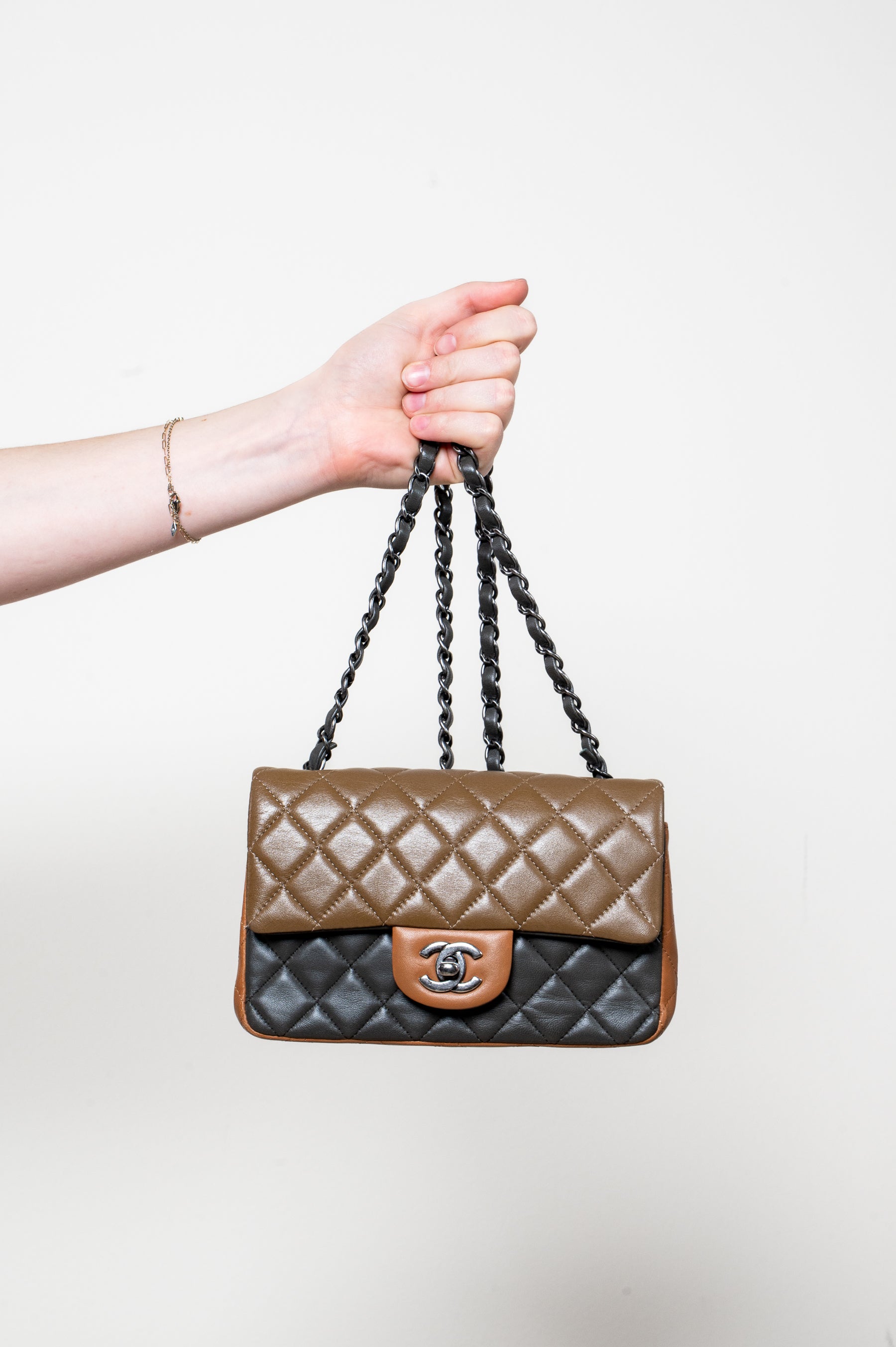 Tri-Color Lambskin Quilted Mini Rectangular Khaki/Brown Flap Bag