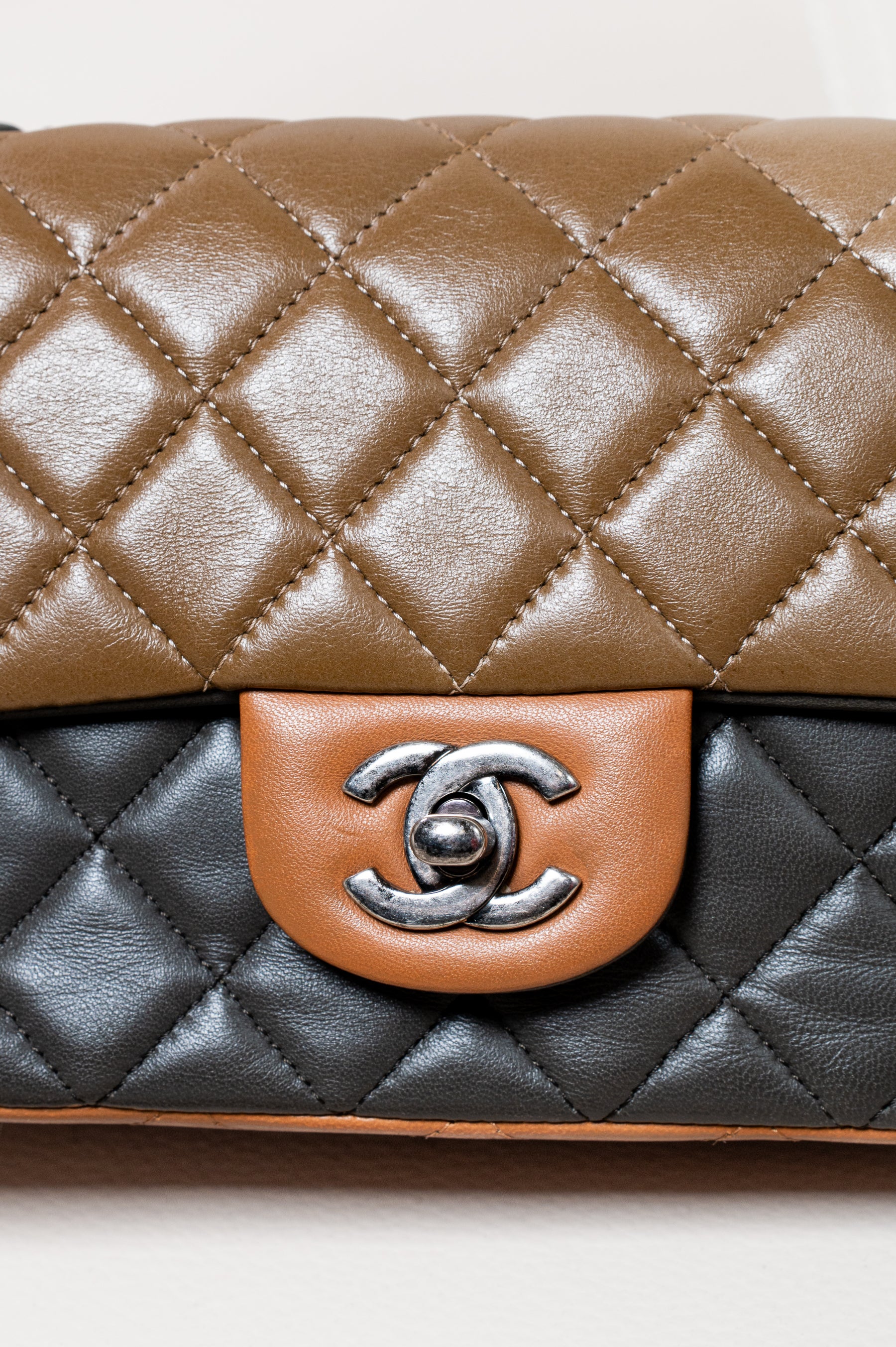 Tri-Color Lambskin Quilted Mini Rectangular Khaki/Brown Flap Bag