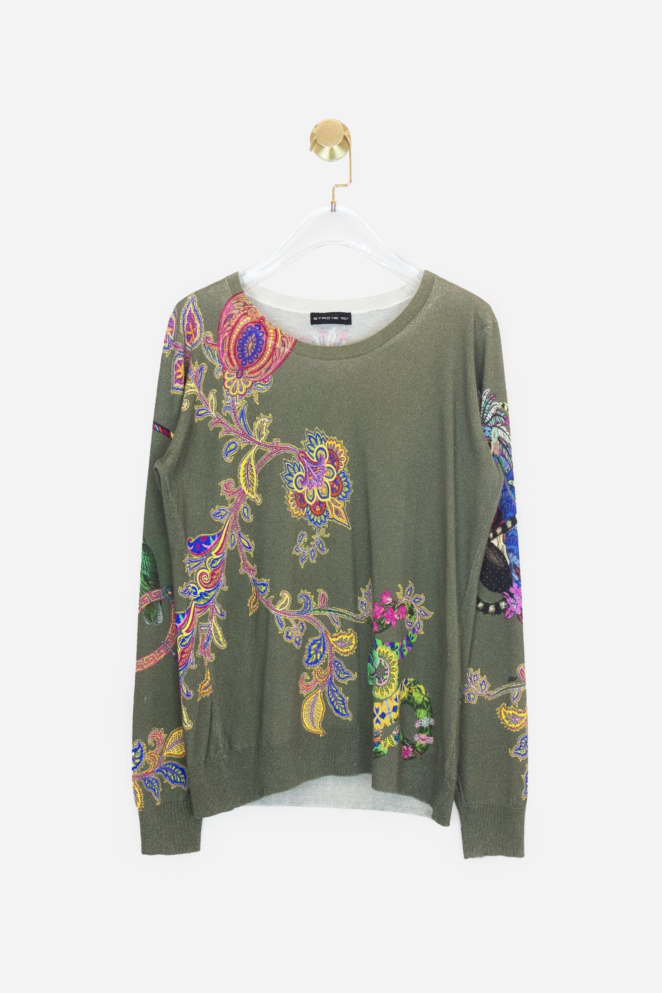 Olive Green Paisley Top With Tropical Animals