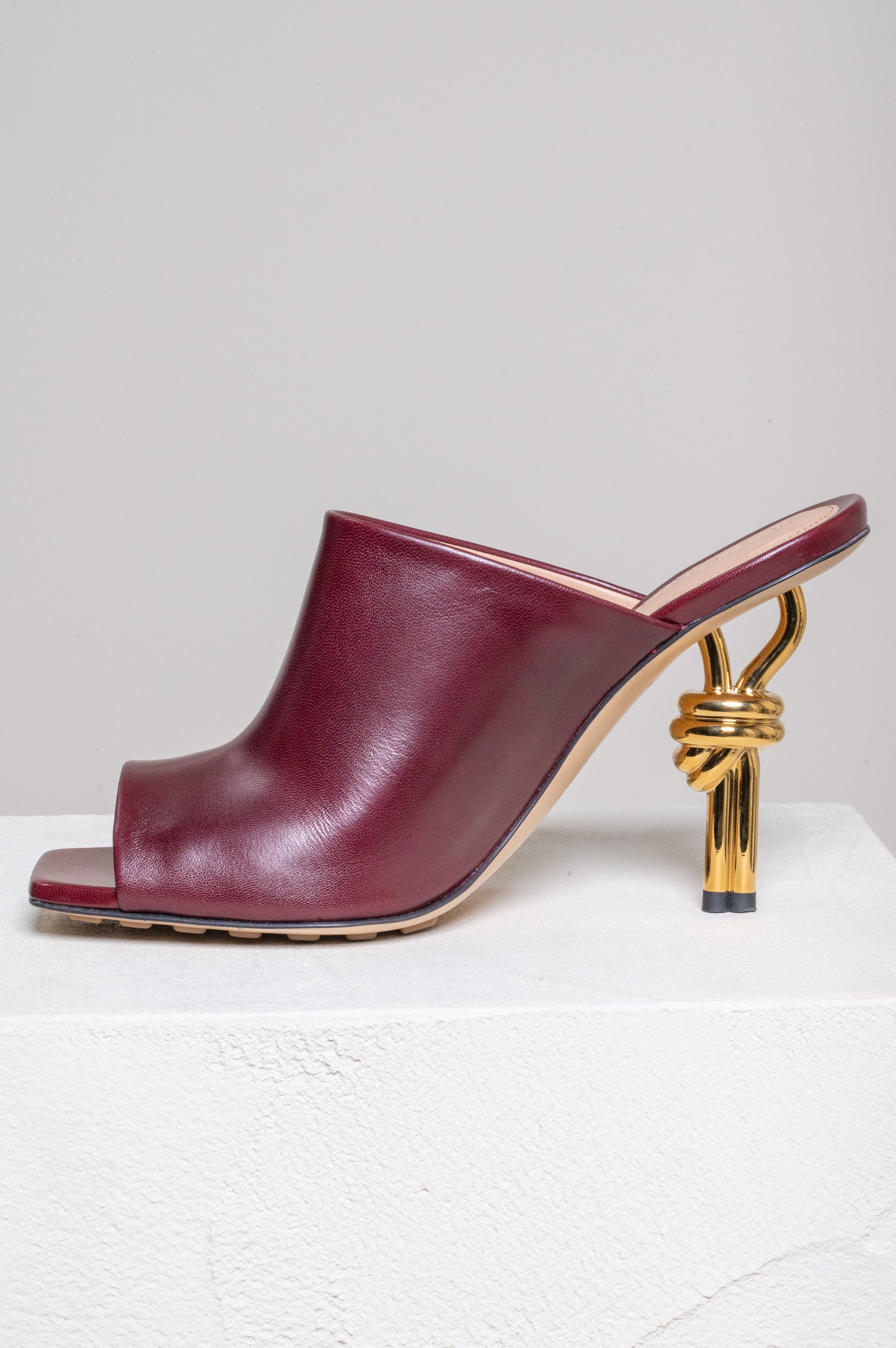 Burgundy Open Toe Knot Mule Pump Leather/Metal