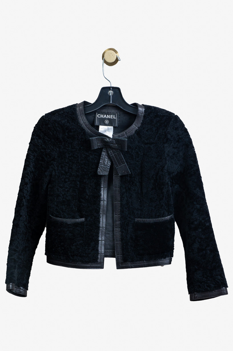 Black Leather And Fur Cropped Bow Jacket Lambskin