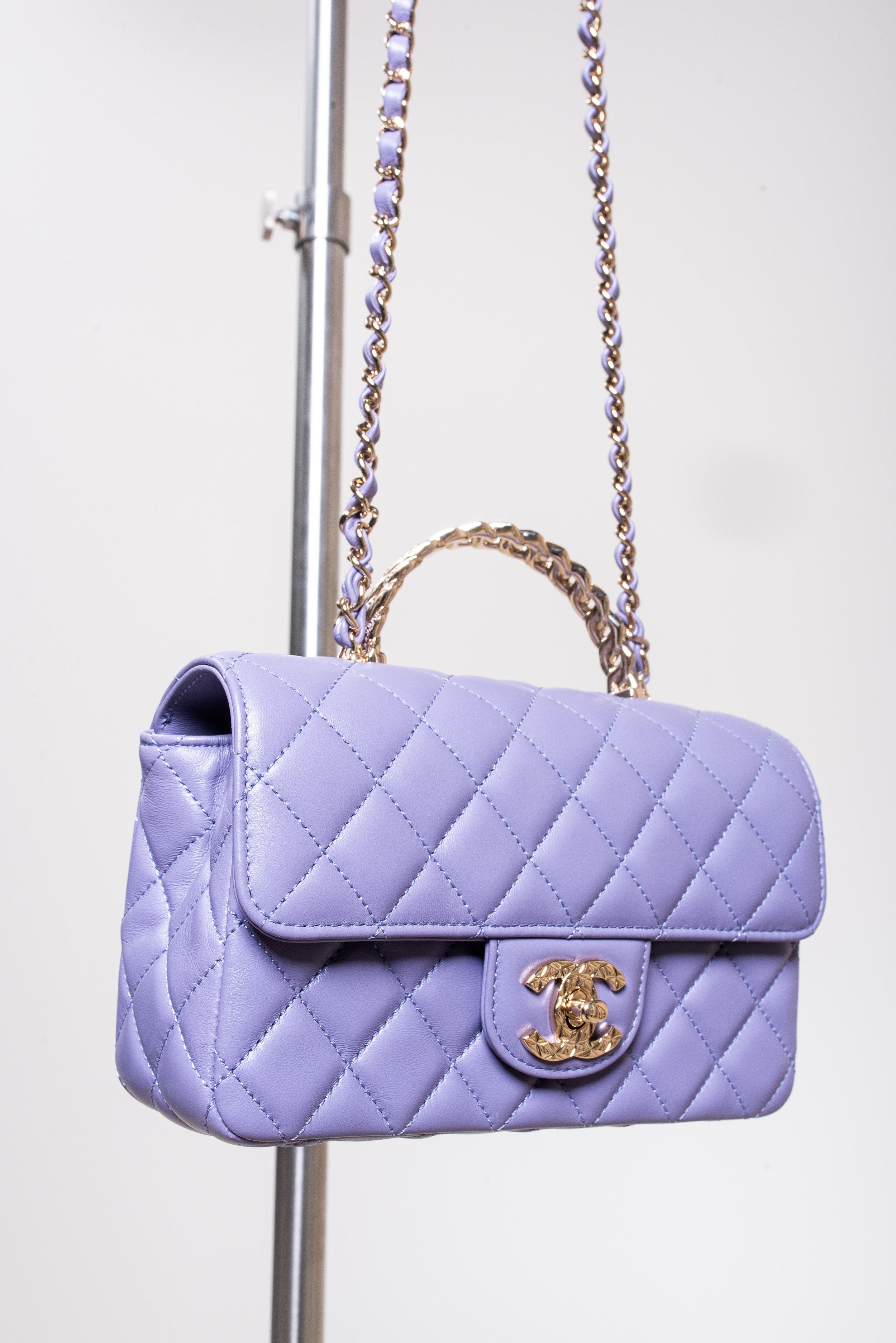 Purple 2023 Mini Rectangular Crystal Top Handle Shoulder Bag Lambskin