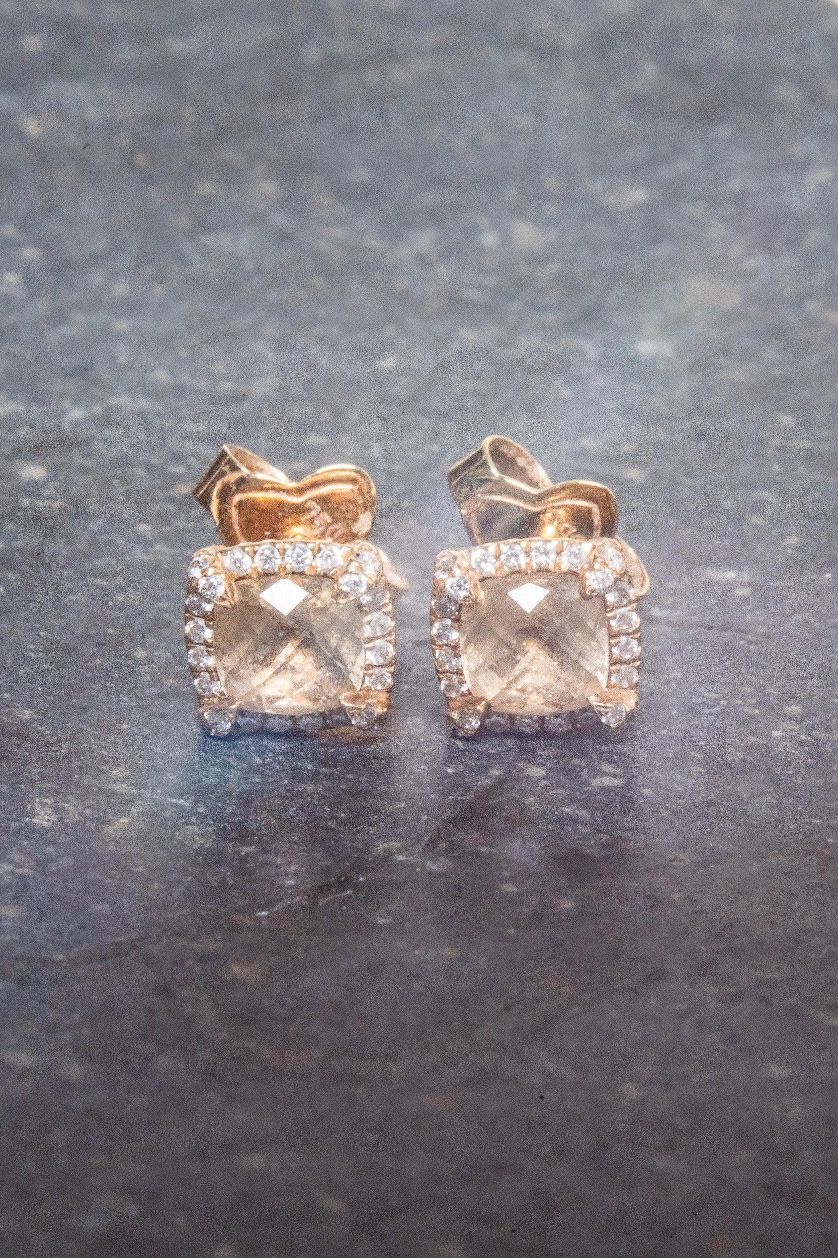 Gold Petite Chatelaine Pave Bezel Studded Earrings 18K Yellow Gold with Champagne Citrine and Diamonds, 5mm