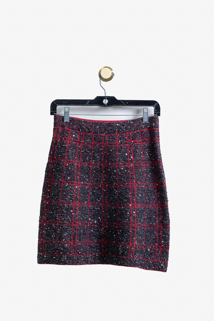 Red Plaid Tweed Sequin Mini Skirt ?