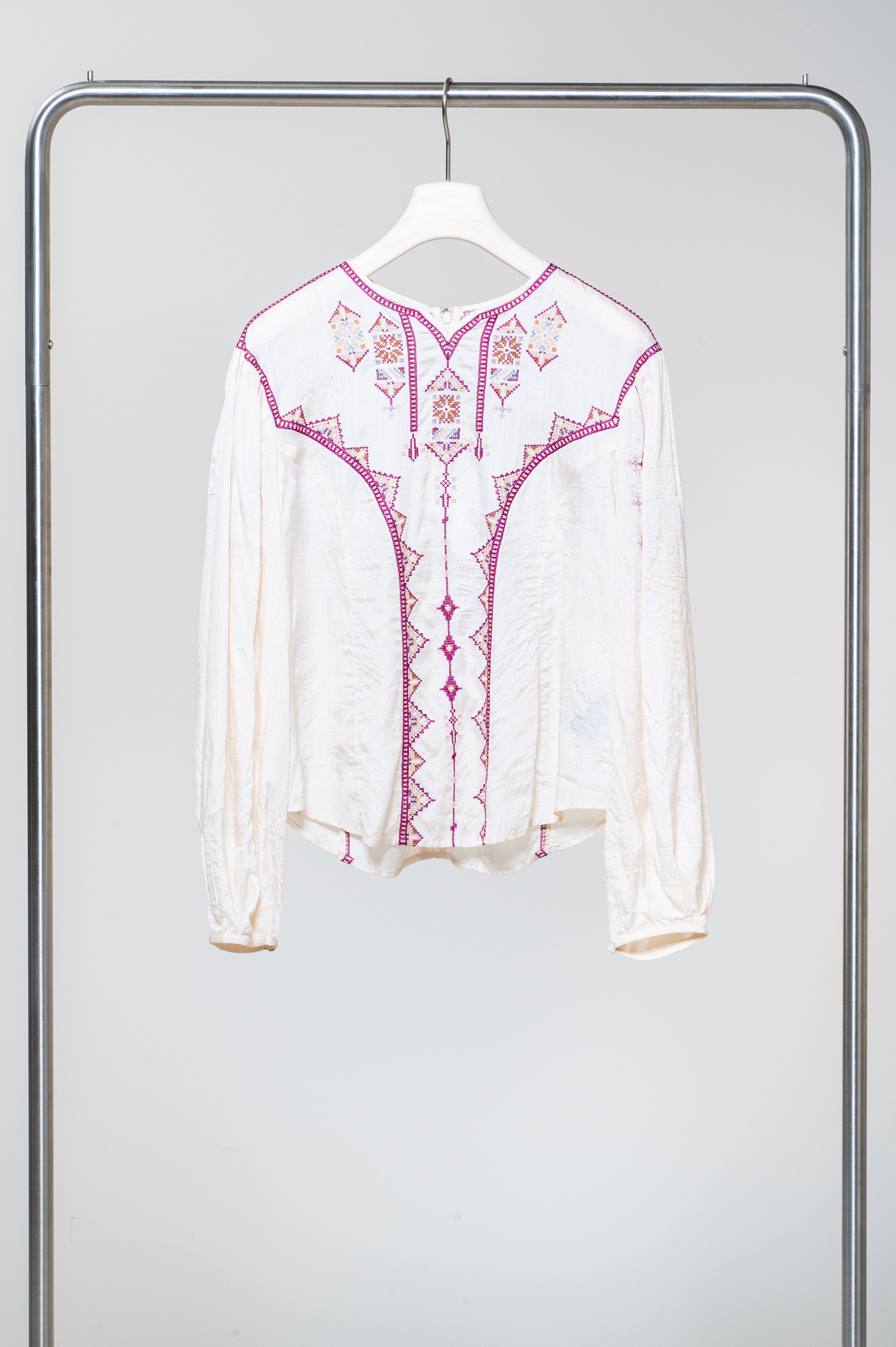 Silk Pink Embroidered Puff Sleeve Blouse Silk