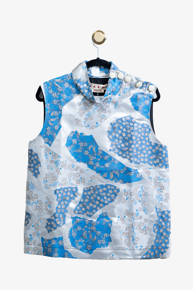 Jacquard Blue Sleeveless High Neck Top Acetate/Polyester