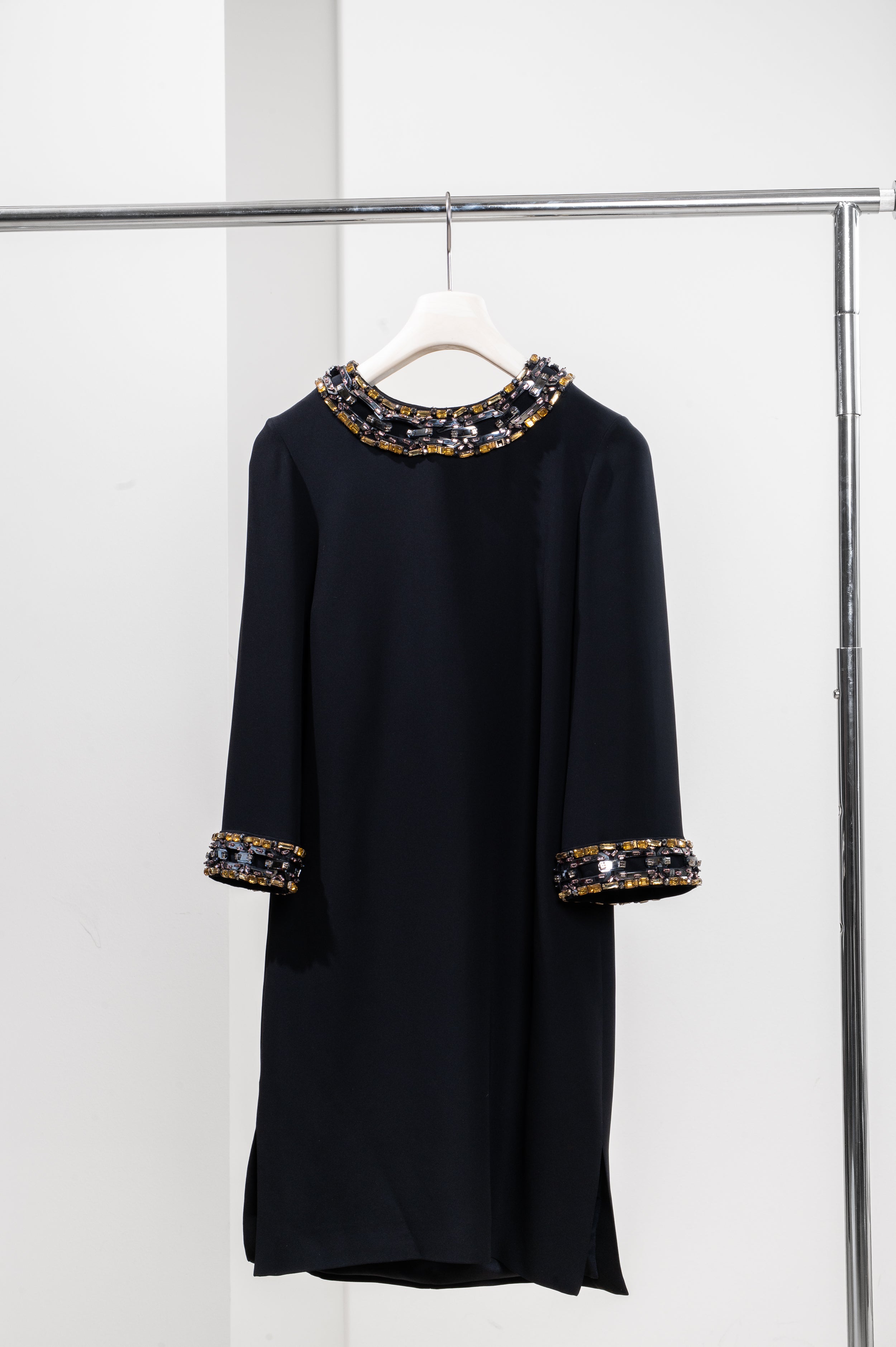 Black Embellished Silk Shift Dress
