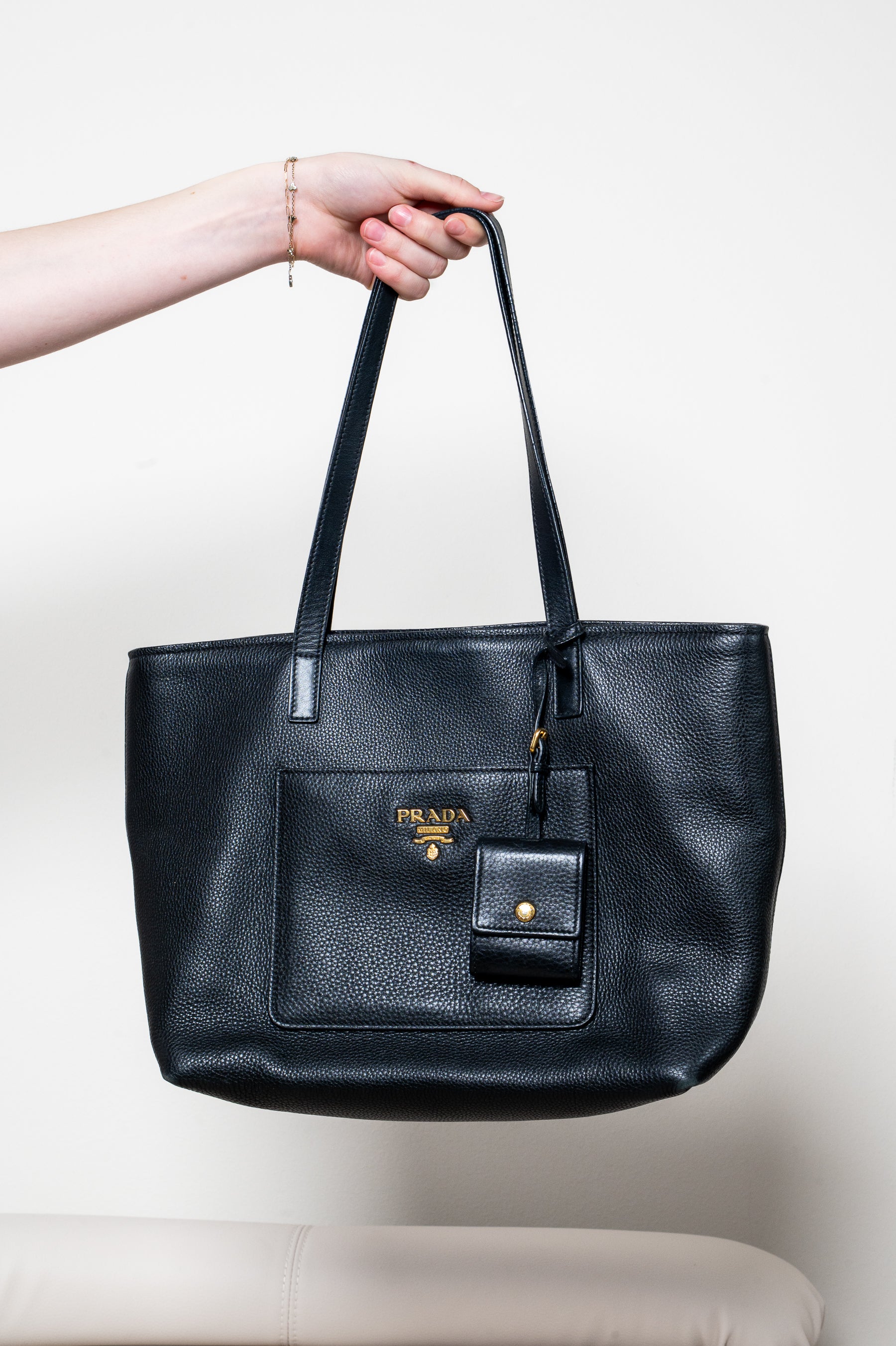 Black Vitello Daino Shopping Tote Bag