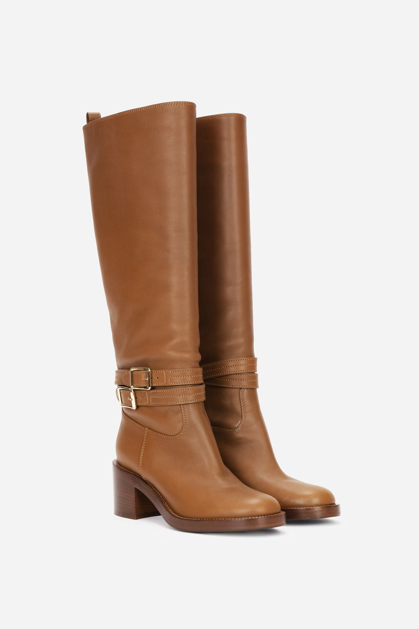 Brown Leather Riding Boots with Buckle Details