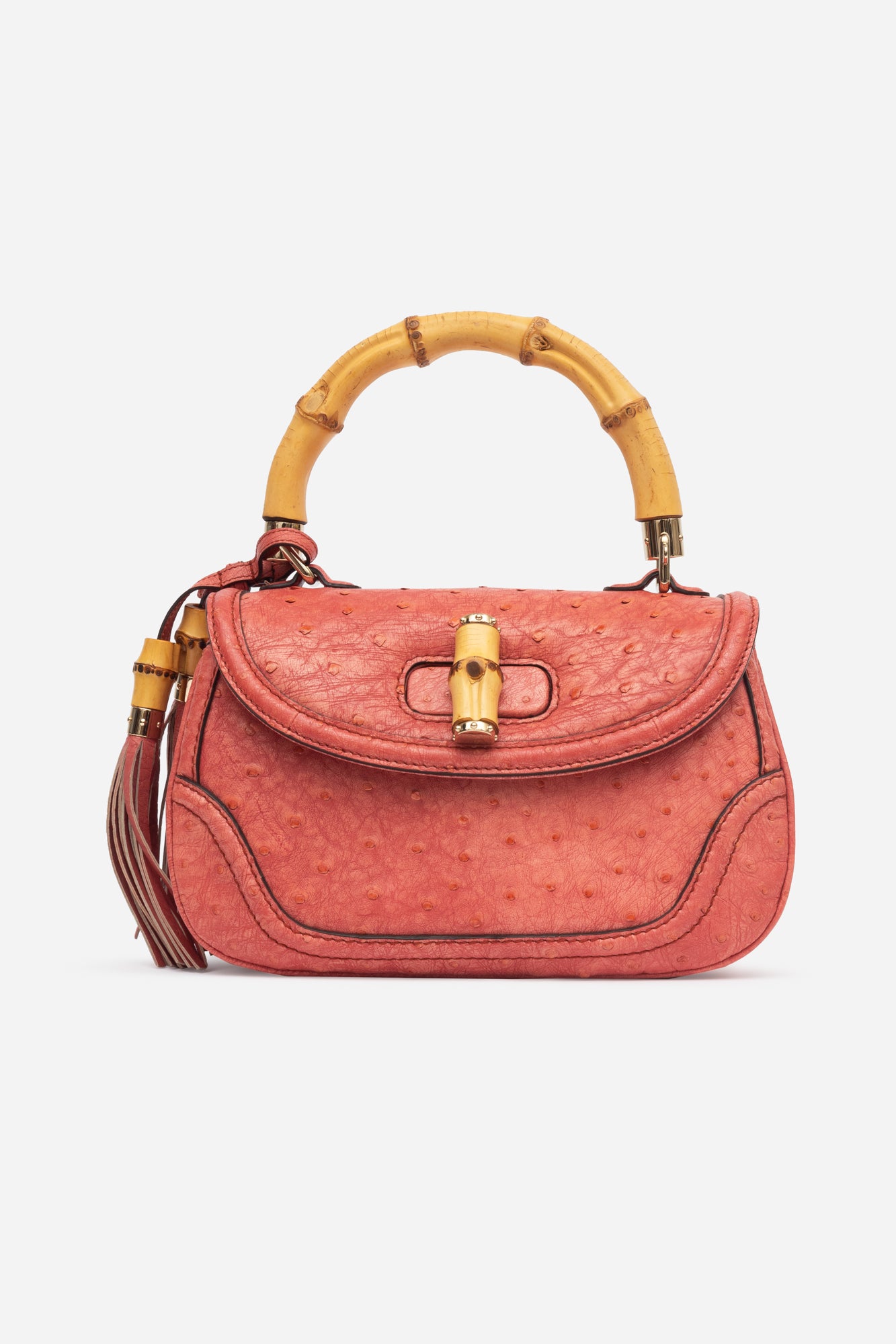 1947 Orange-y Pink Ostrich/Bamboo Top Handle Bag