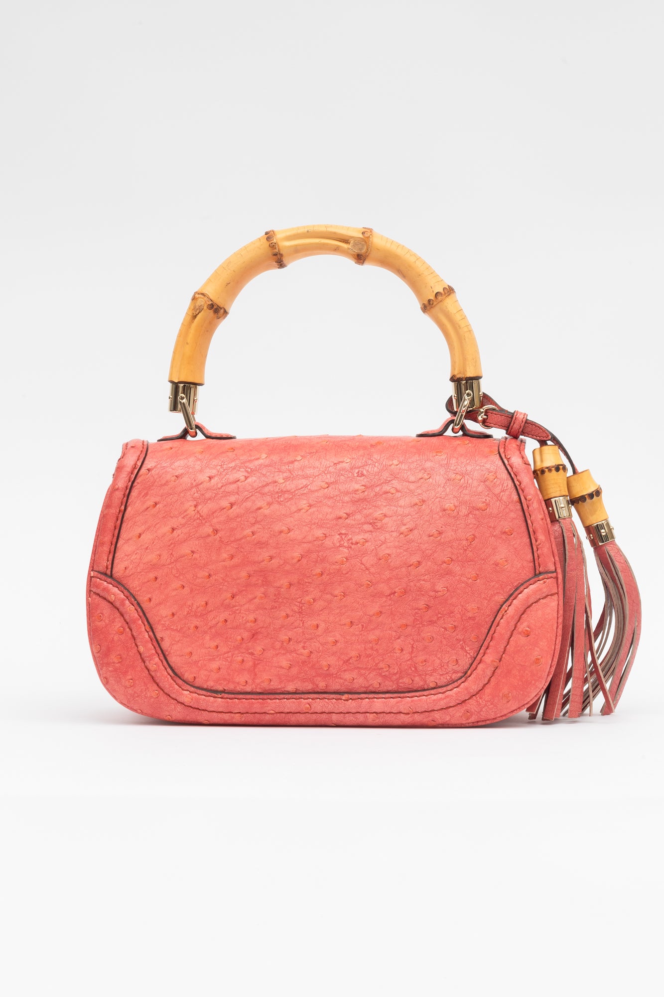 1947 Orange-y Pink Ostrich/Bamboo Top Handle Bag