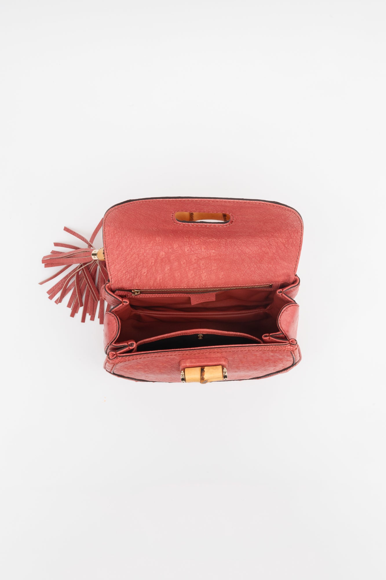 1947 Orange-y Pink Ostrich/Bamboo Top Handle Bag