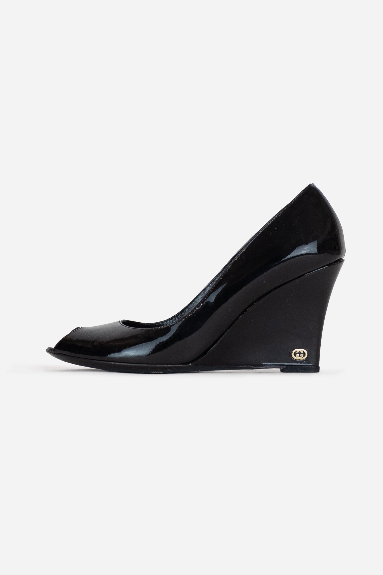 Black Patent Wedge Open Toe Pump