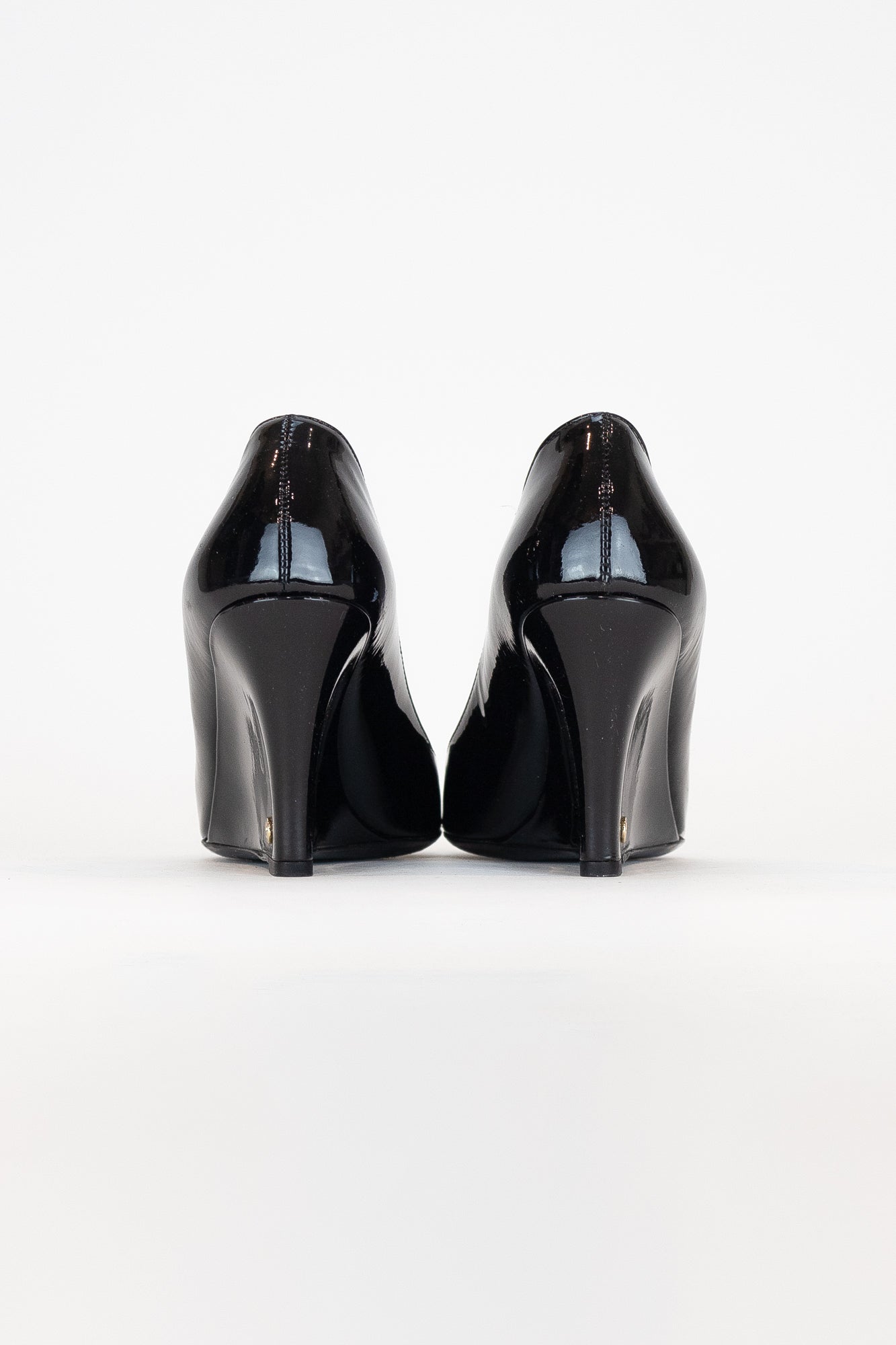 Black Patent Wedge Open Toe Pump