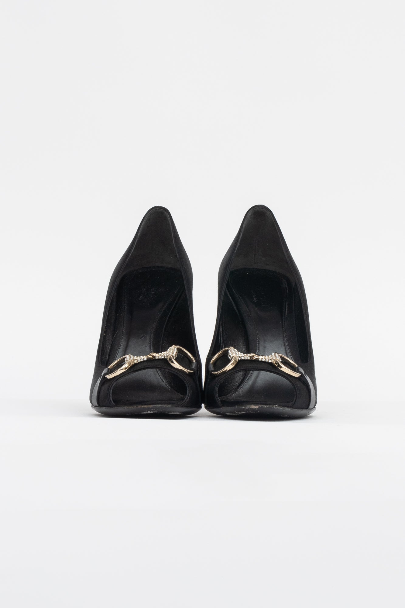 Black Satin Rhinestone Horse-bit Pumps