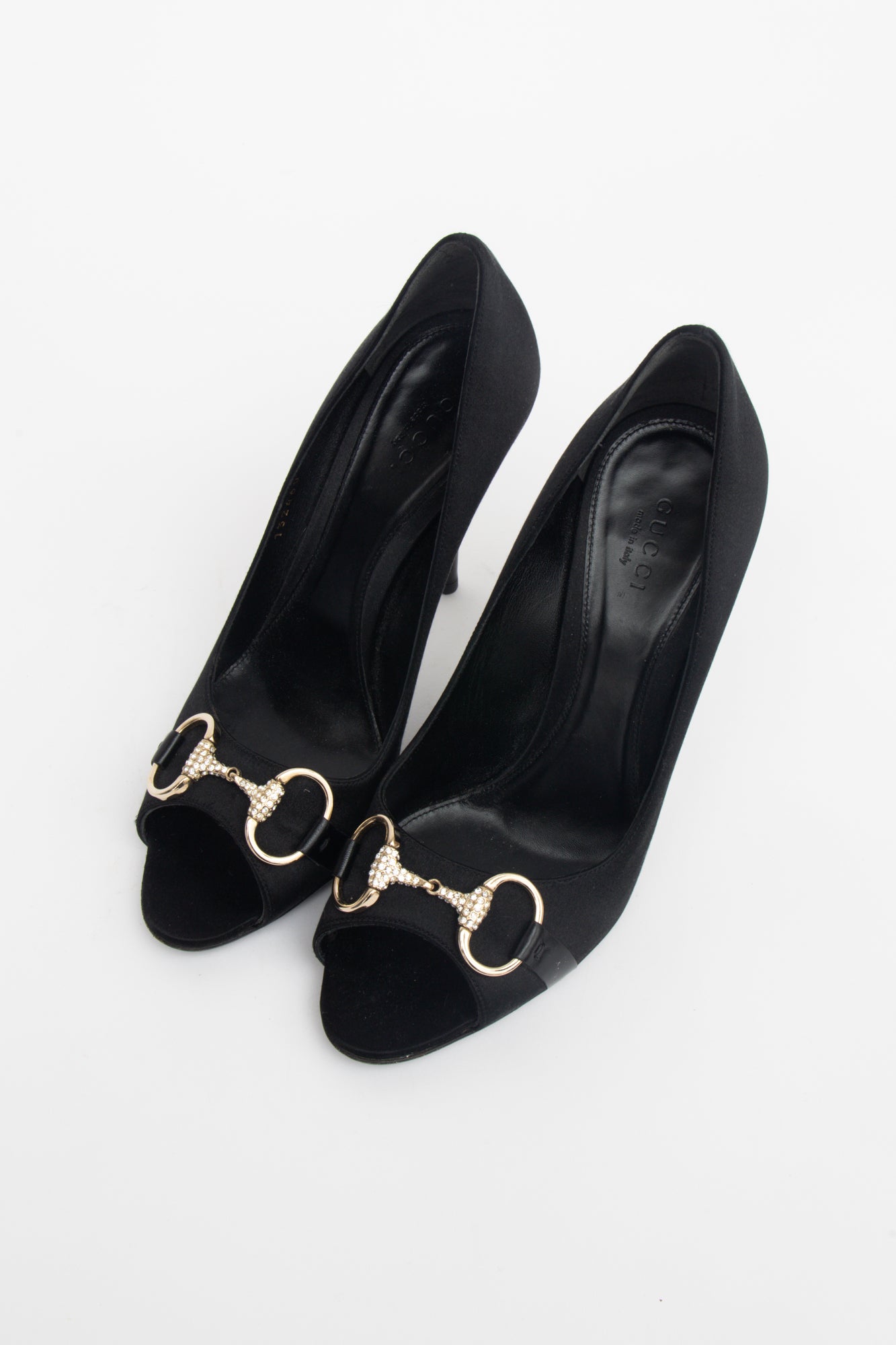 Black Satin Rhinestone Horse-bit Pumps