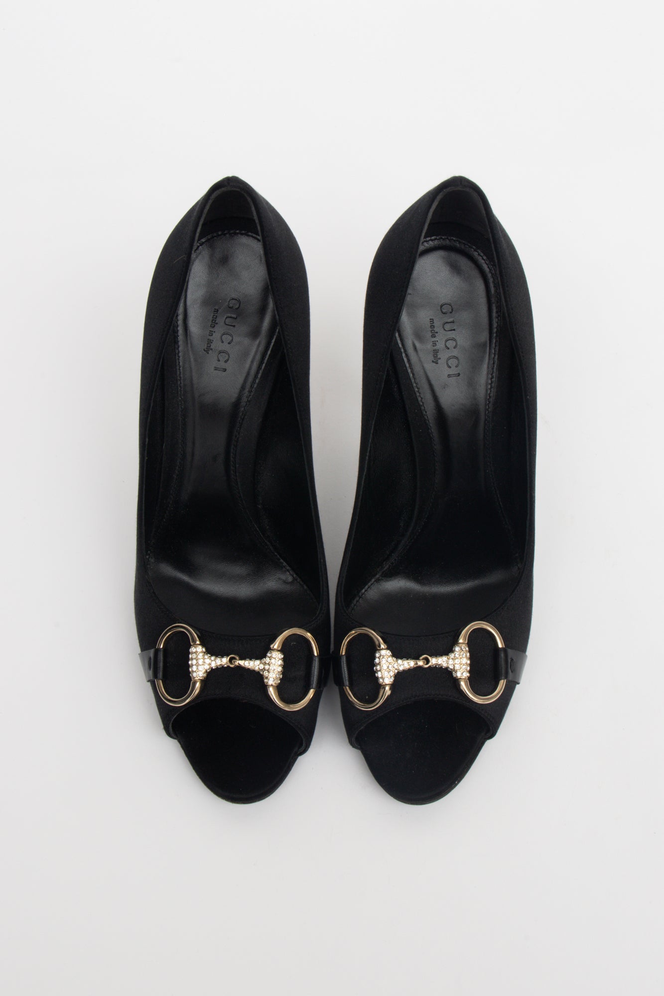 Black Satin Rhinestone Horse-bit Pumps