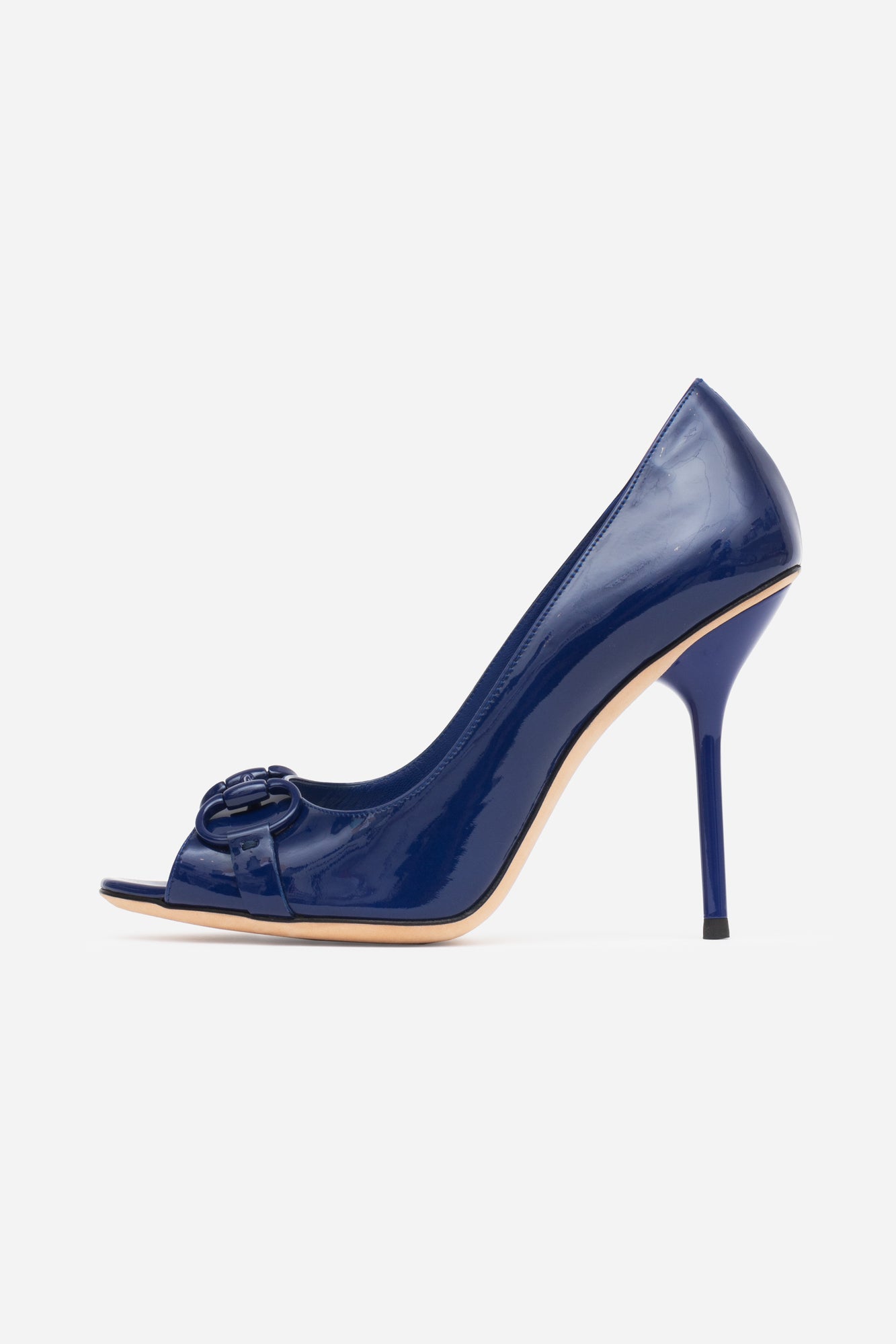 Blue Patent Horsebit Open Toe Pump