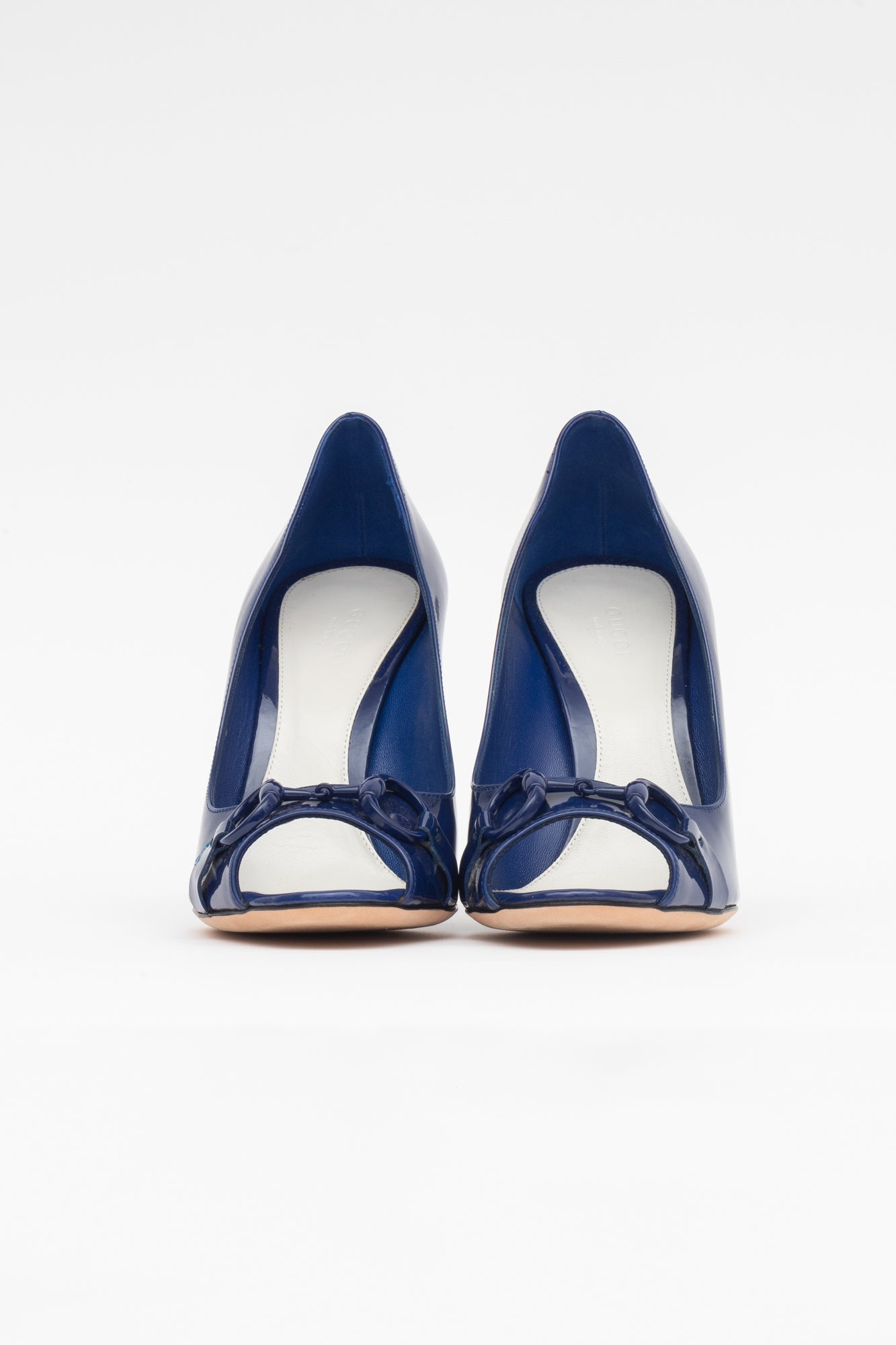 Blue Patent Horsebit Open Toe Pump