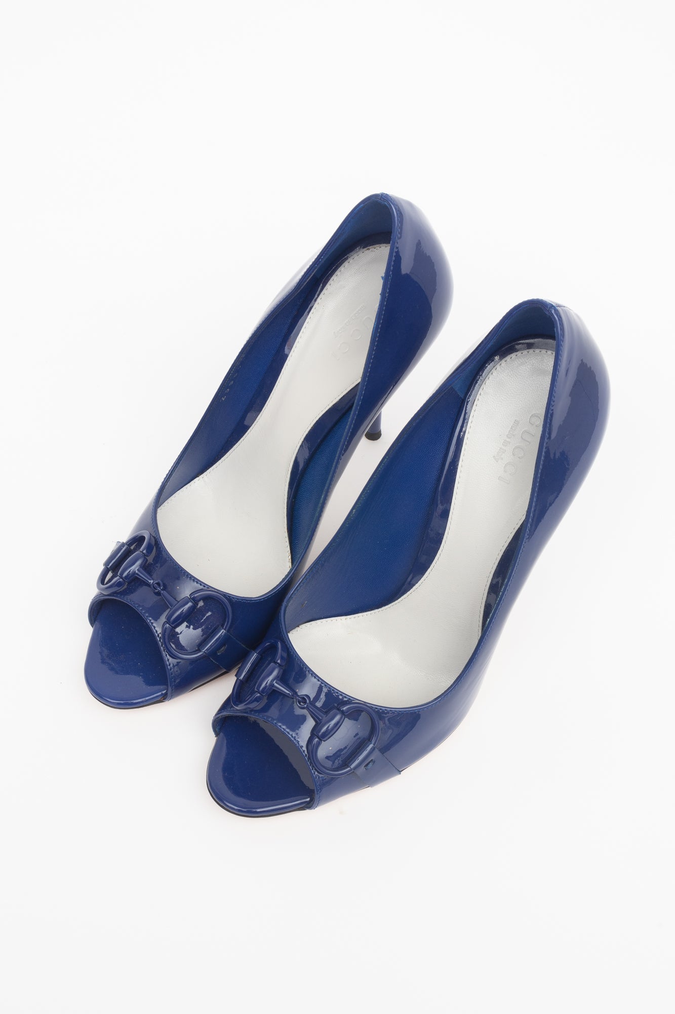 Blue Patent Horsebit Open Toe Pump