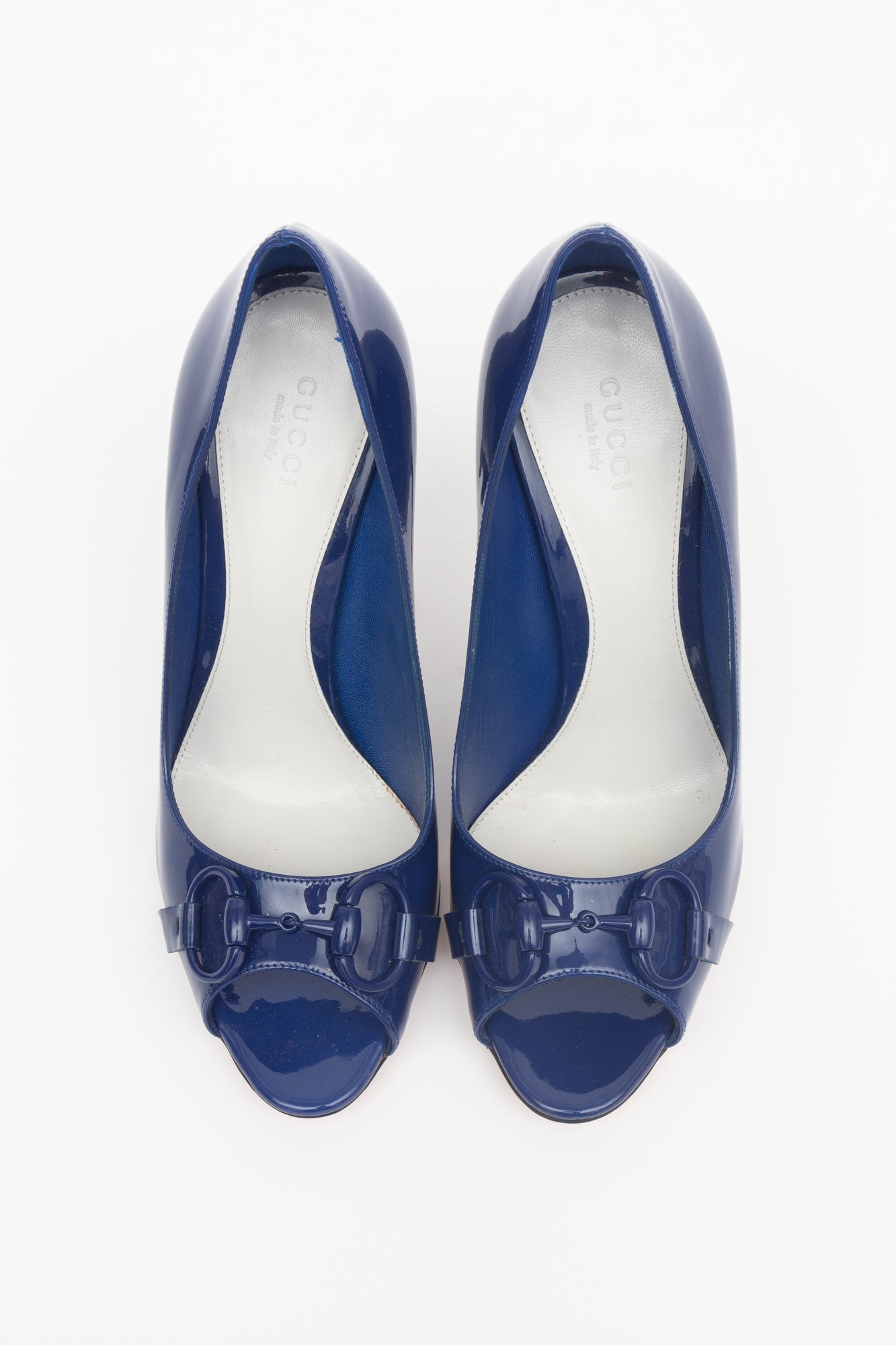 Blue Patent Horsebit Open Toe Pump