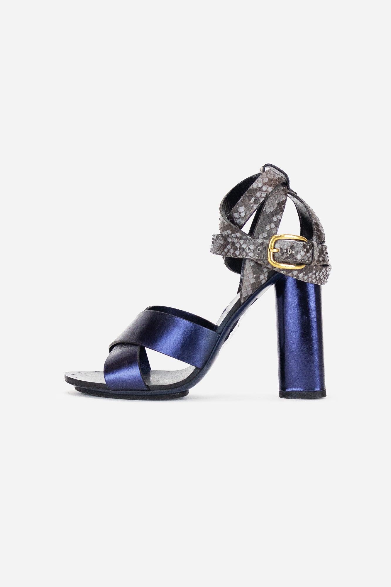 Blue and Grey Python and Leather Crisscross Ankle Strap Sandals