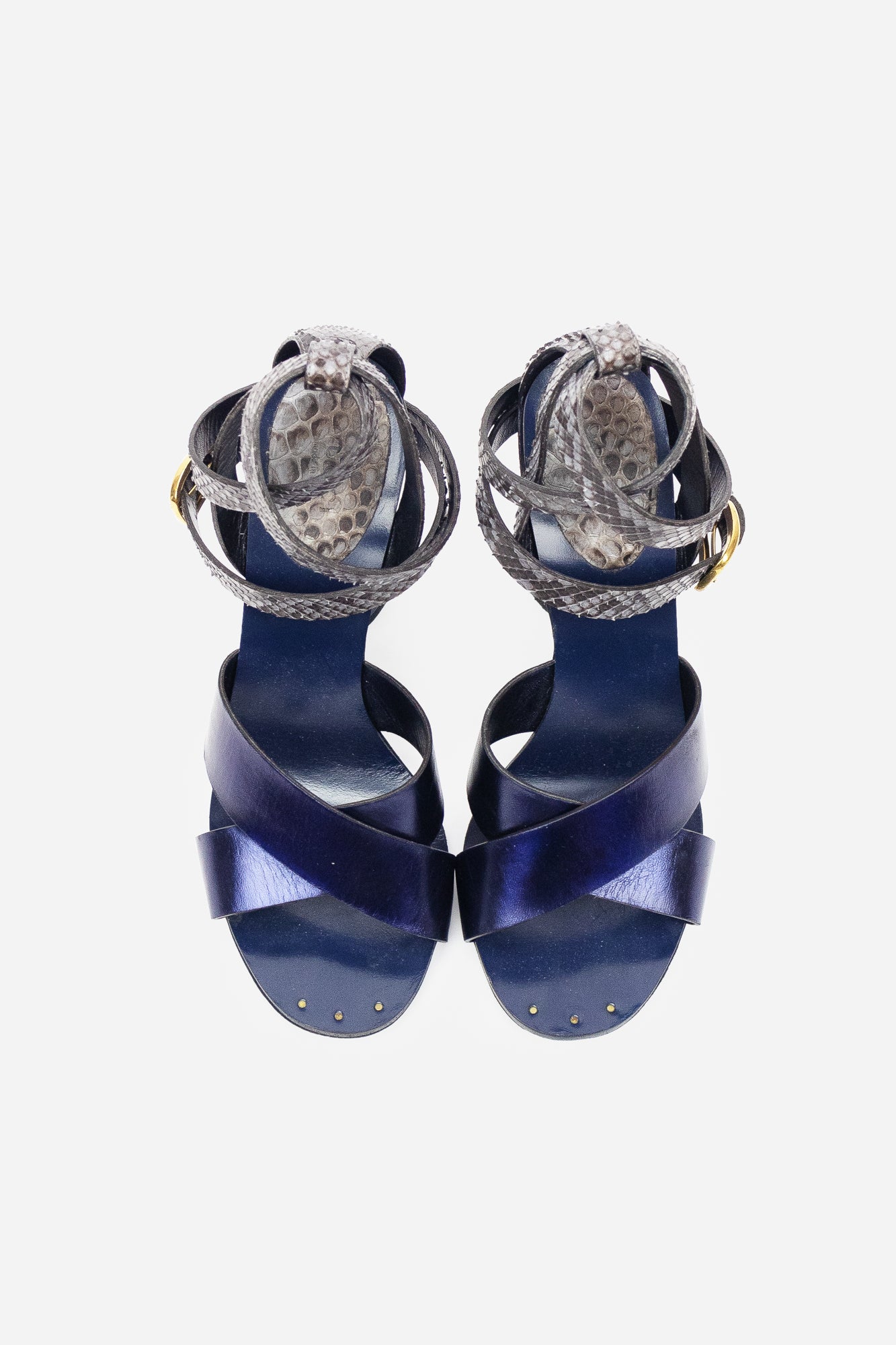 Blue and Grey Python and Leather Crisscross Ankle Strap Sandals