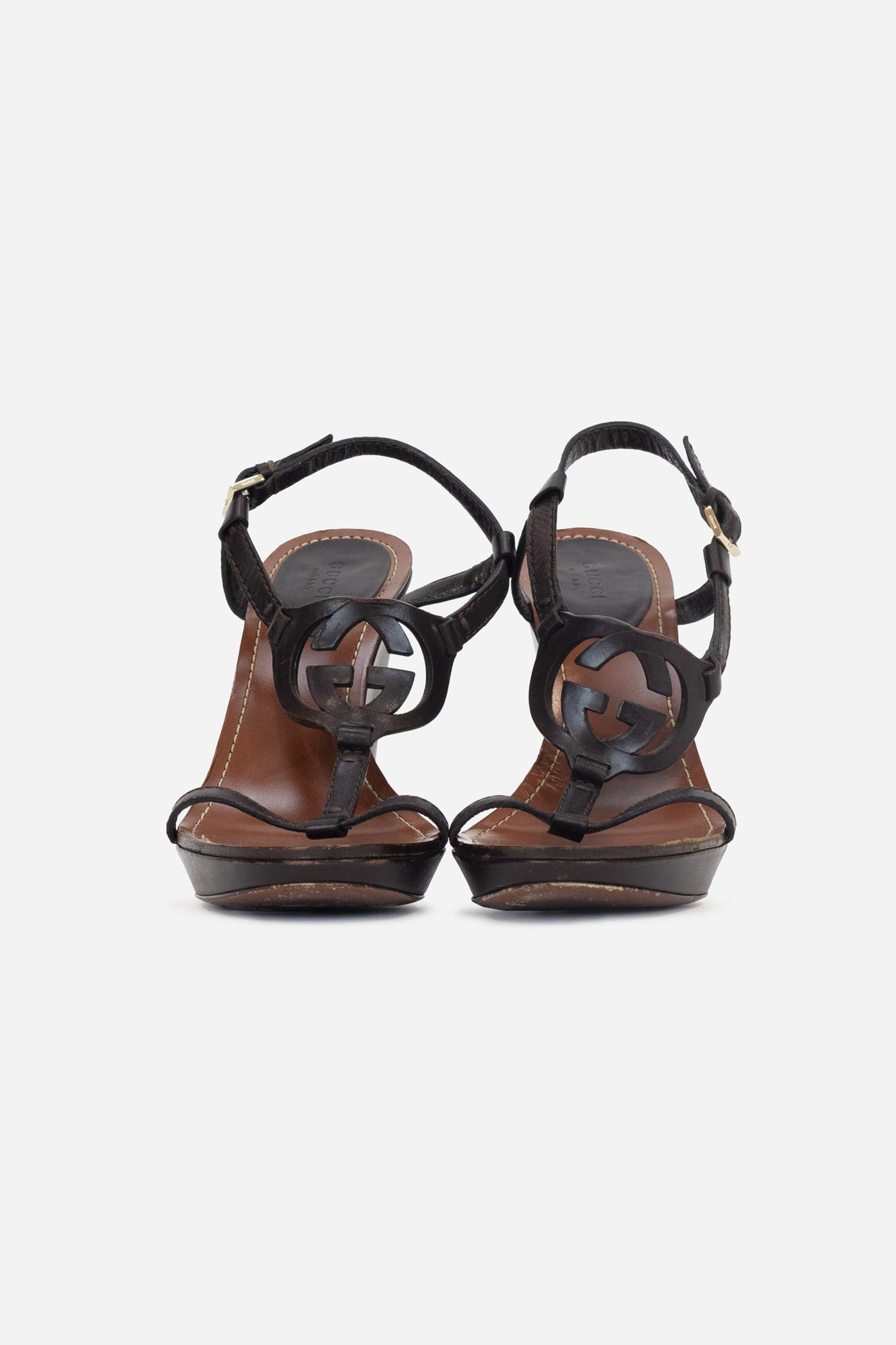 Brown Leather GG Wedge Sandals