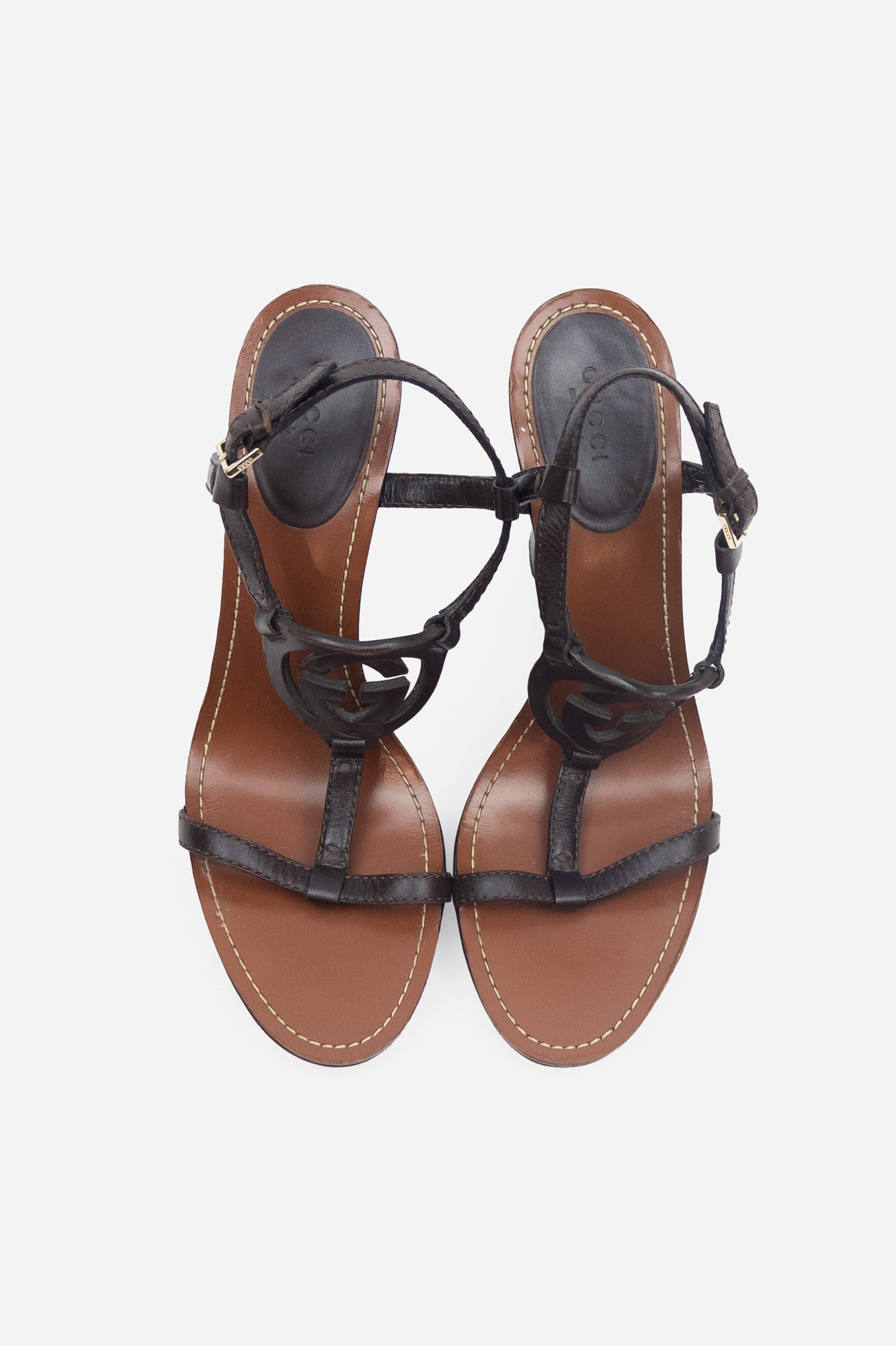 Brown Leather GG Wedge Sandals