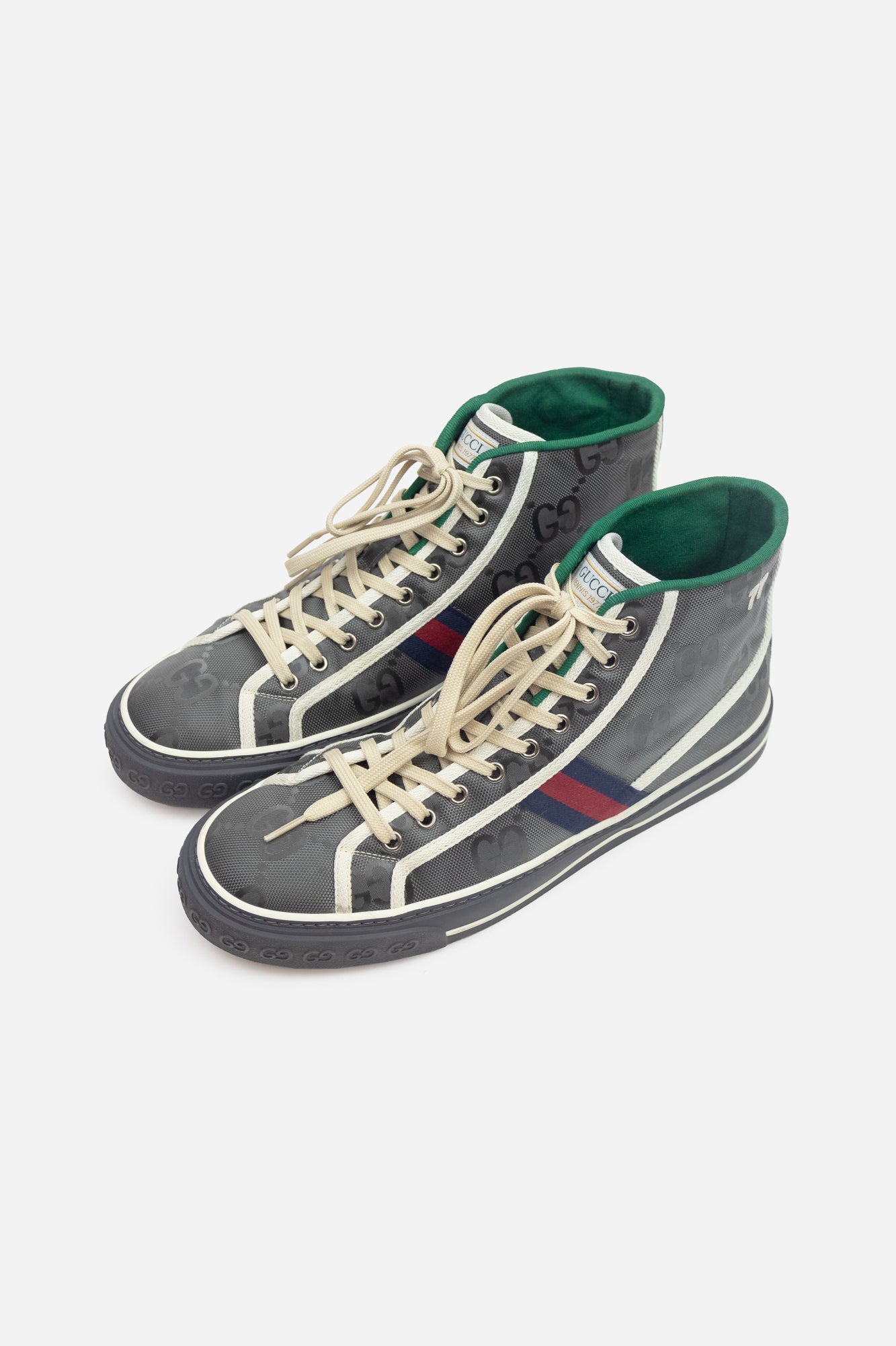 Dark Grey Monogram HighTop Sneakers Blue/Red Gucci Stripe