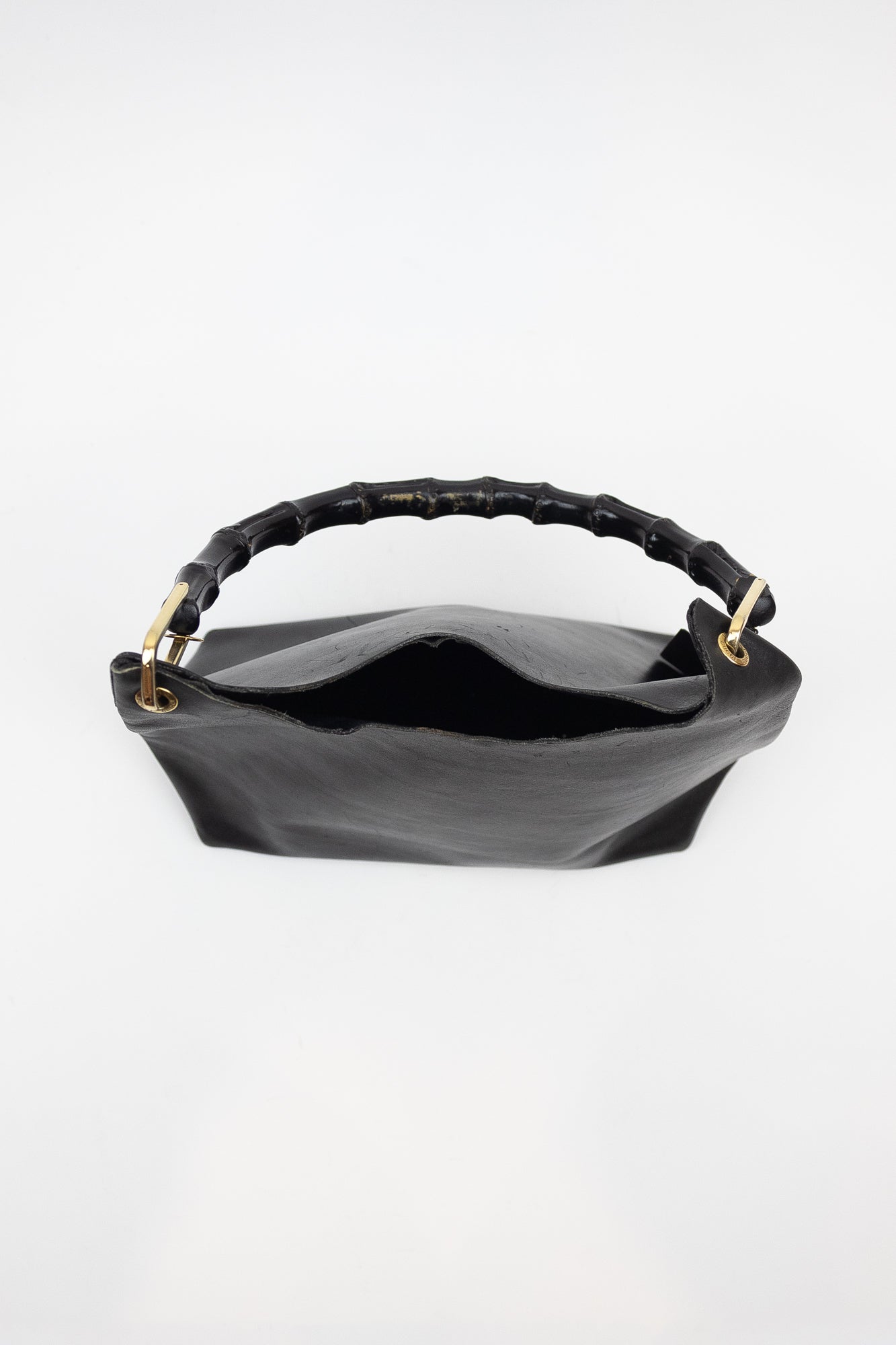 Vintage Bamboo Handle Black Leather Bag