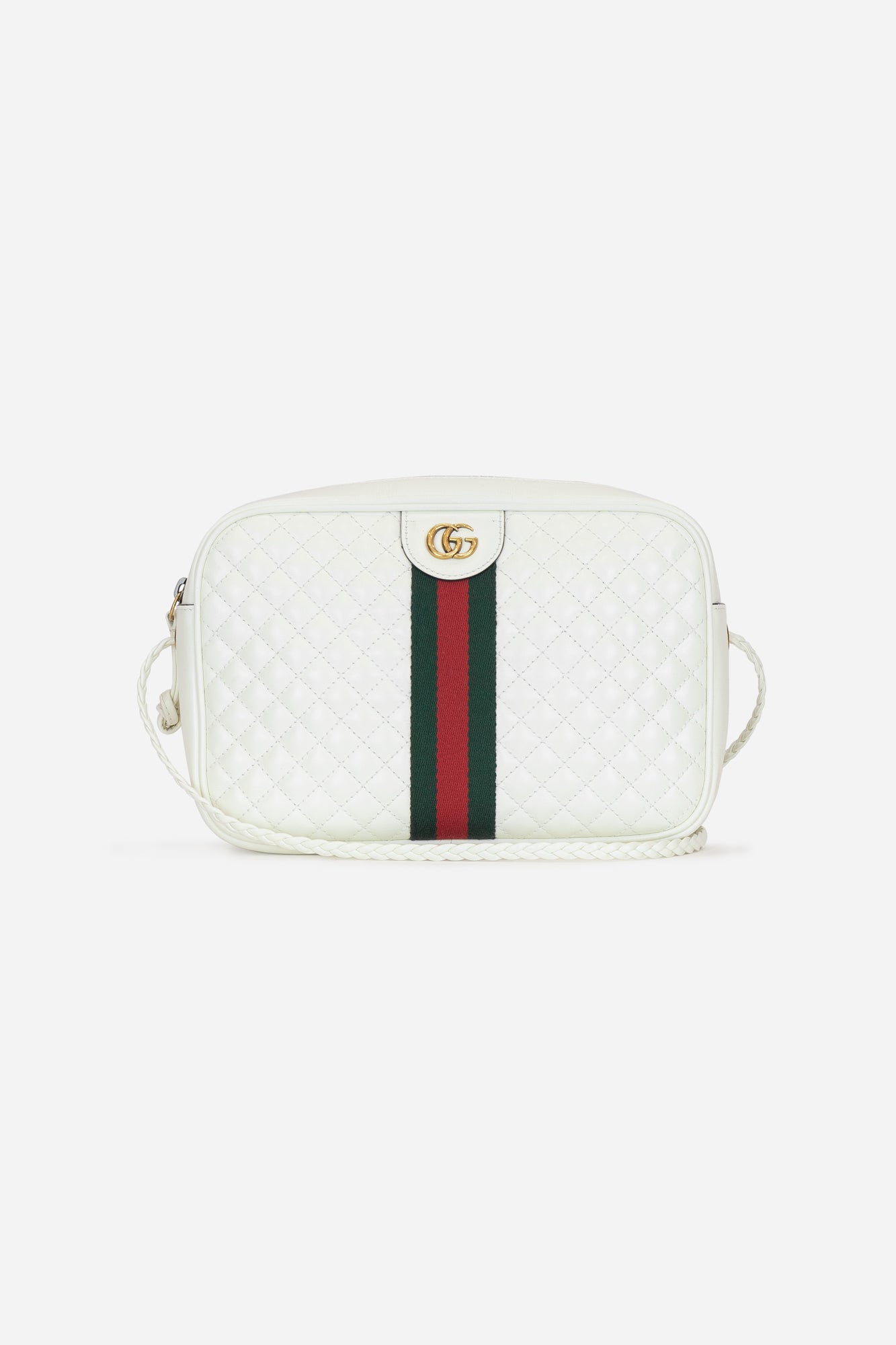 White Leather Green & Red Strip Quilted Crossbody