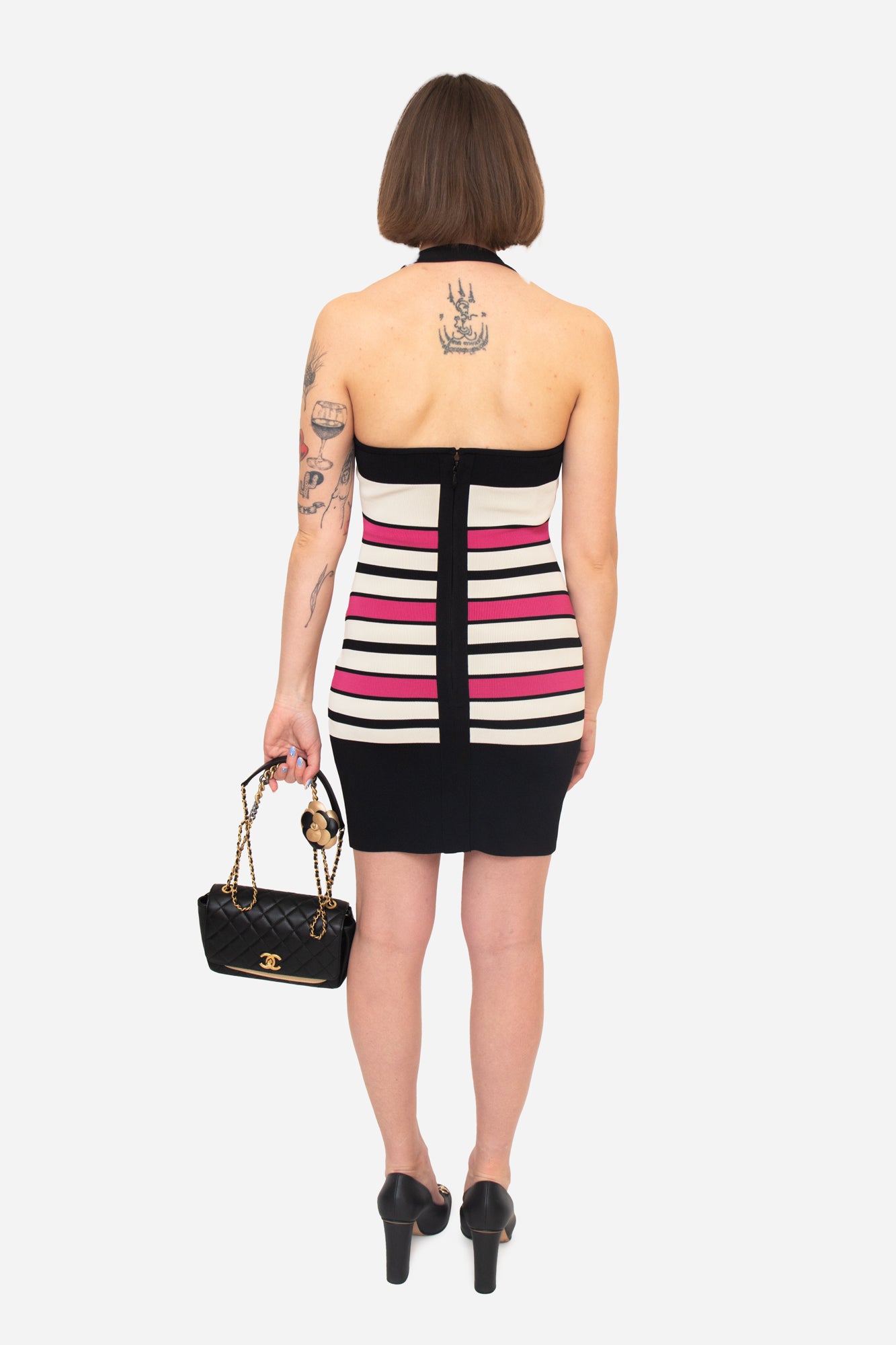Pink/Beige Halter Neck Stripped Dress