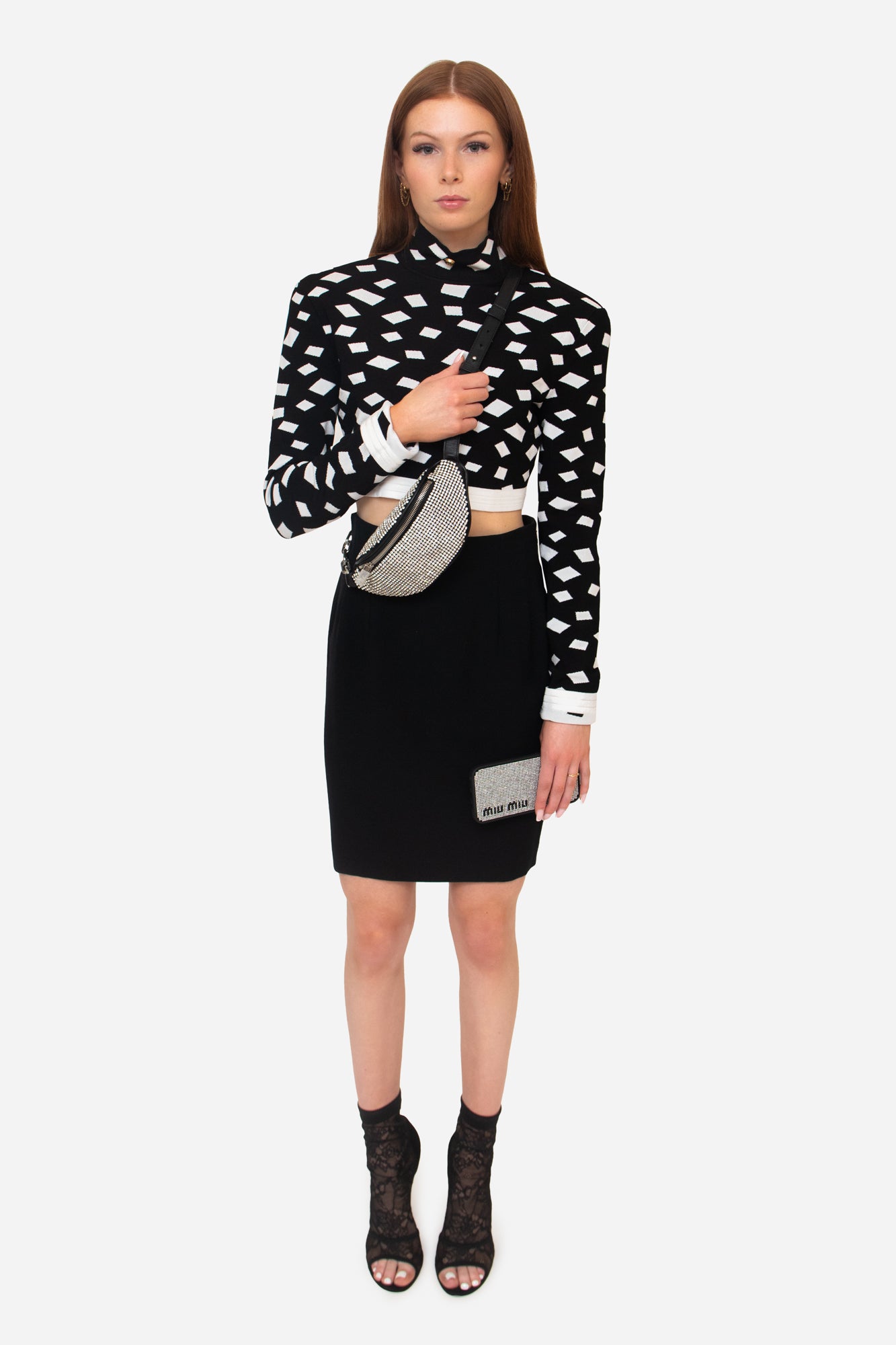 Cropped Long Sleeve Black And White Square Pattern Gold Pin