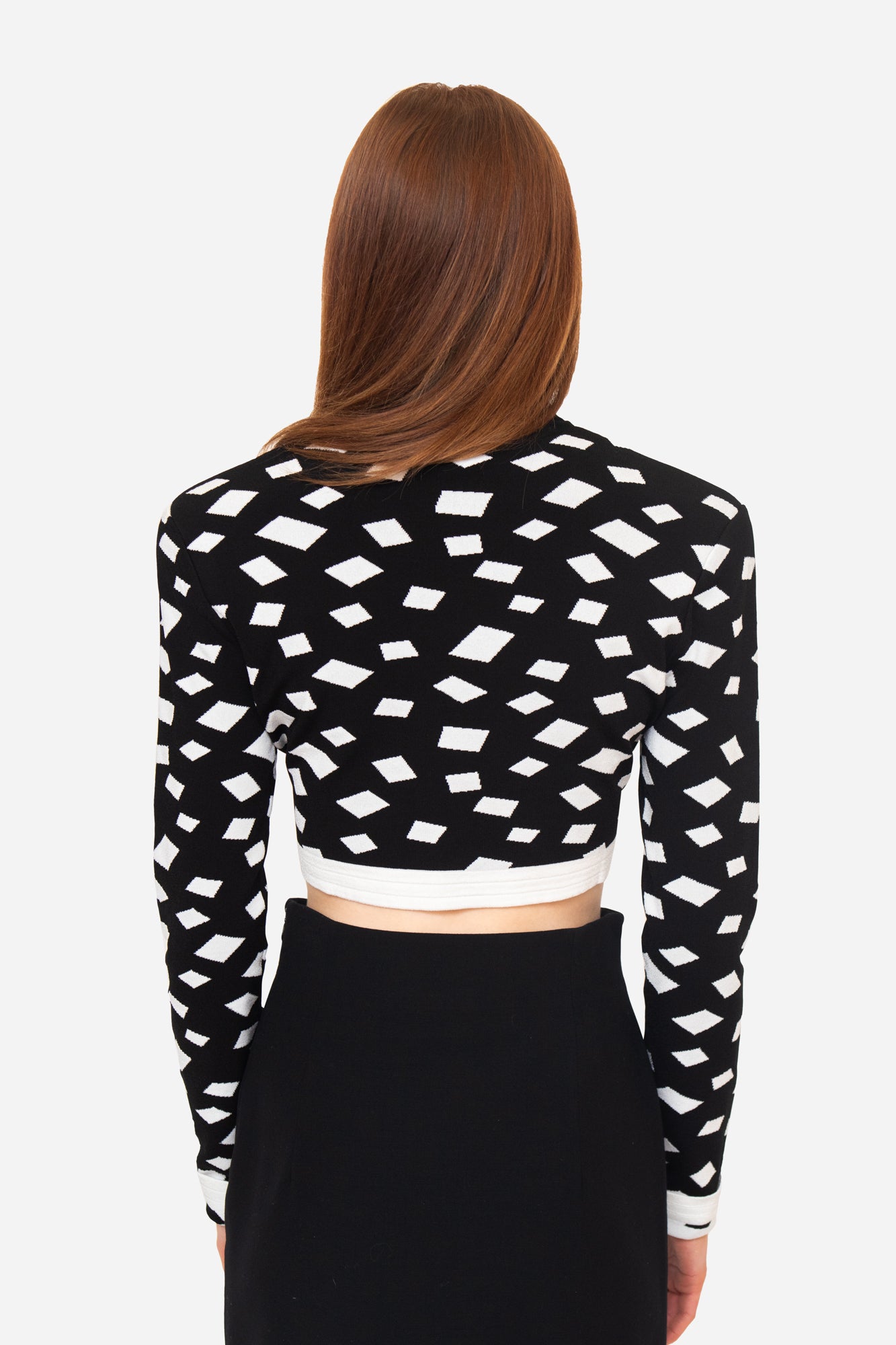 Cropped Long Sleeve Black And White Square Pattern Gold Pin