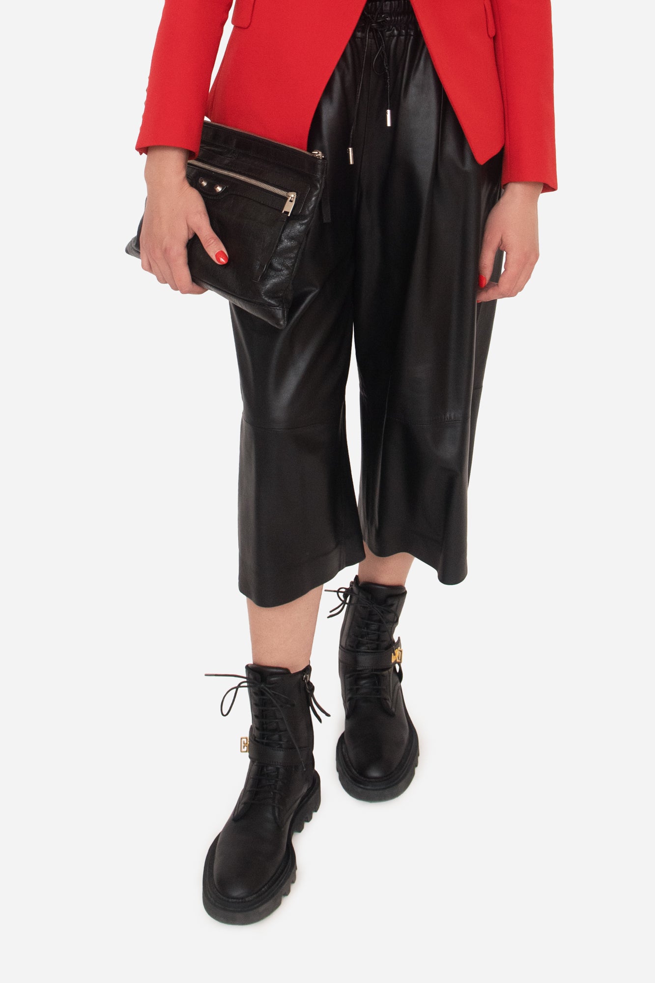 Black Leather Drawstring Cropped Flare Pants Pant 6/40