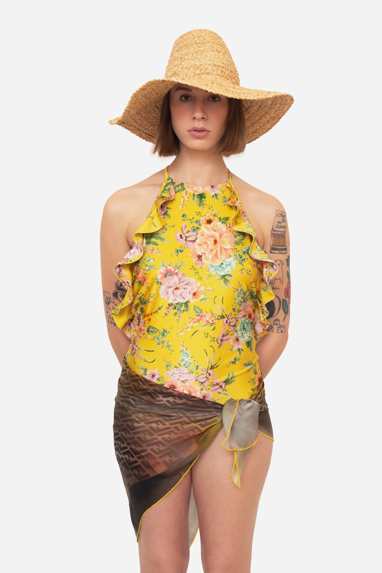Yellow One Piece Floral Ruffled Halter Bathing Suit