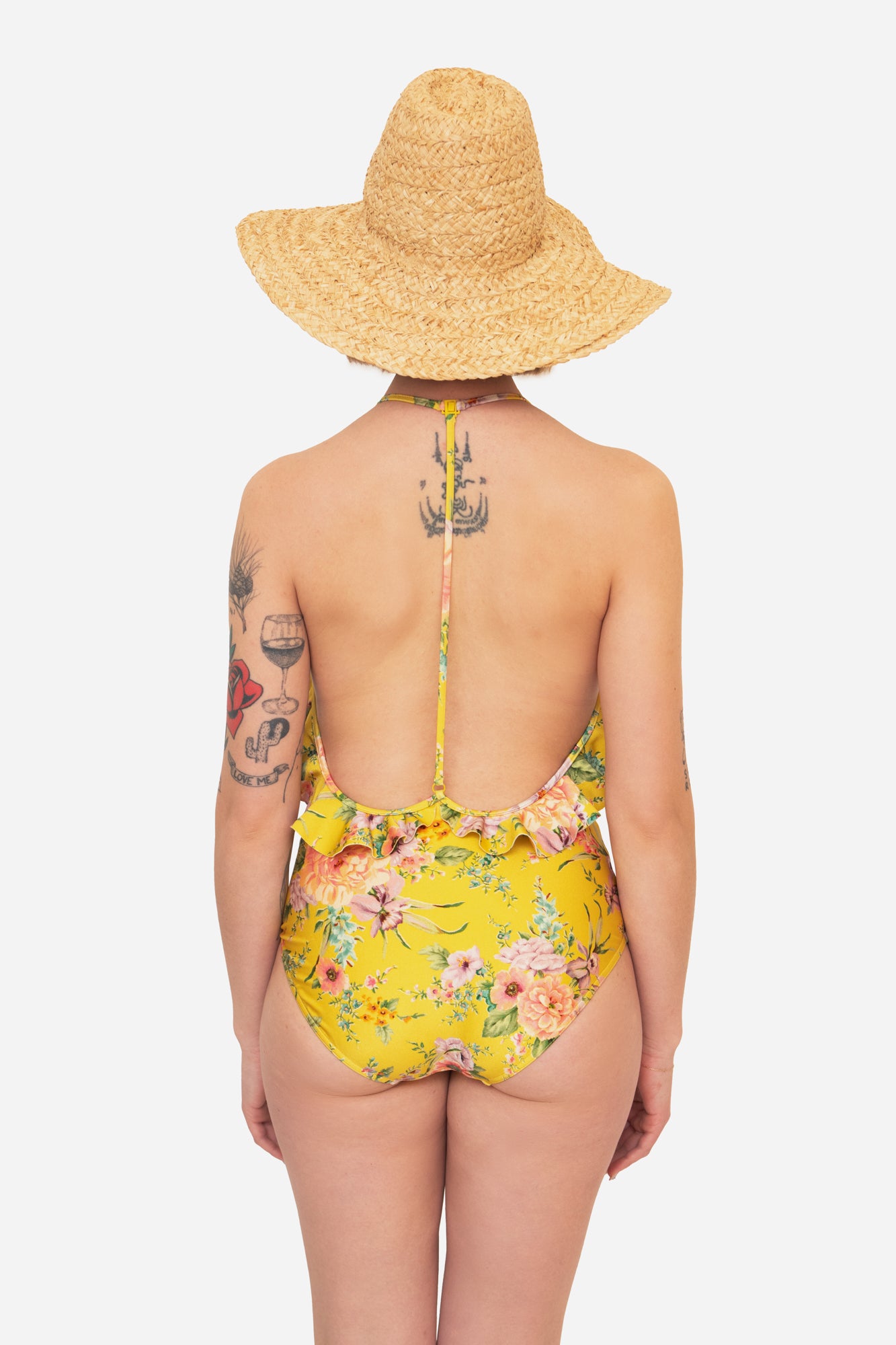 Yellow One Piece Floral Ruffled Halter Bathing Suit