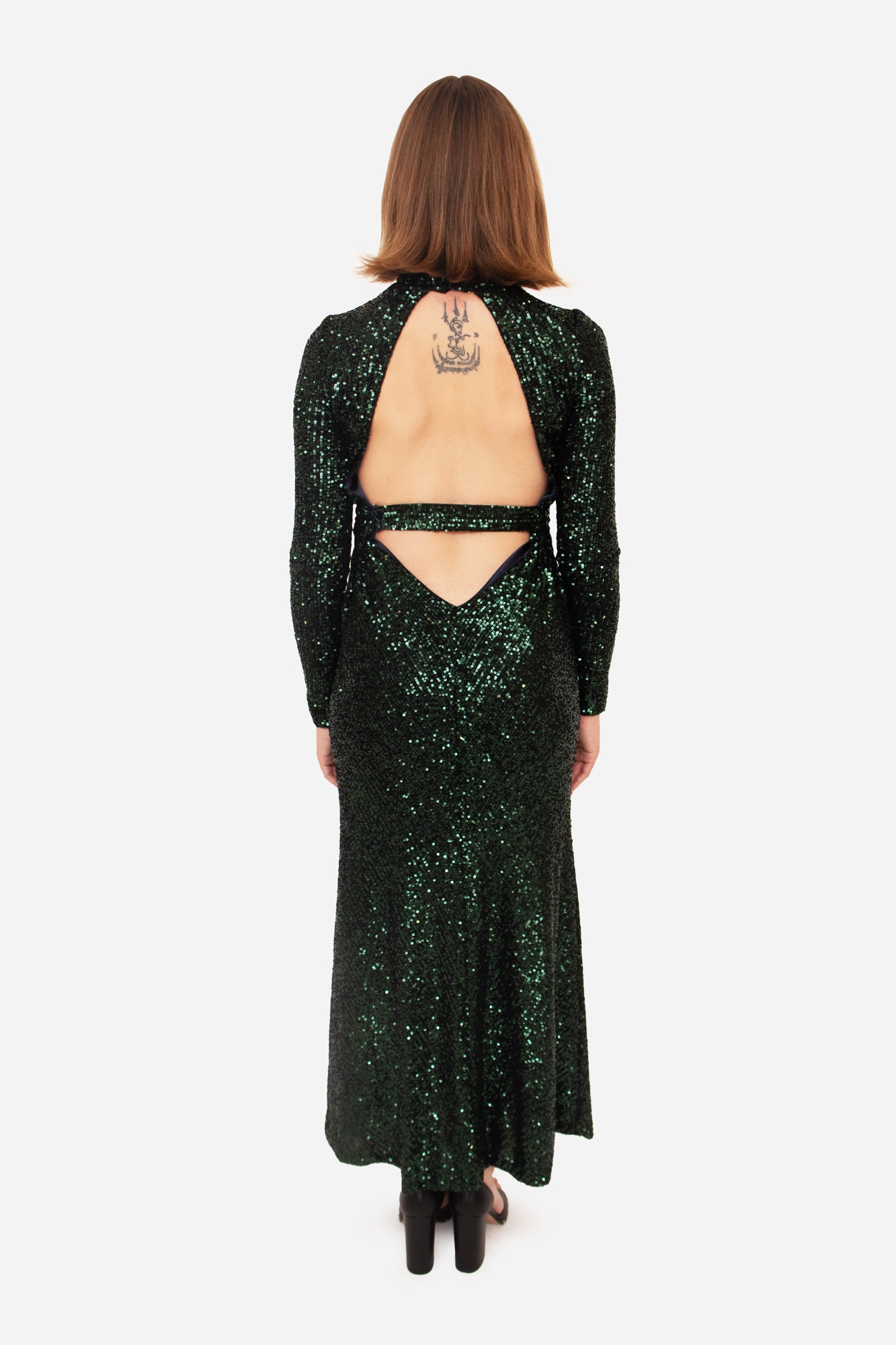 Green Sequin High Neck Open Back Maxi Dress