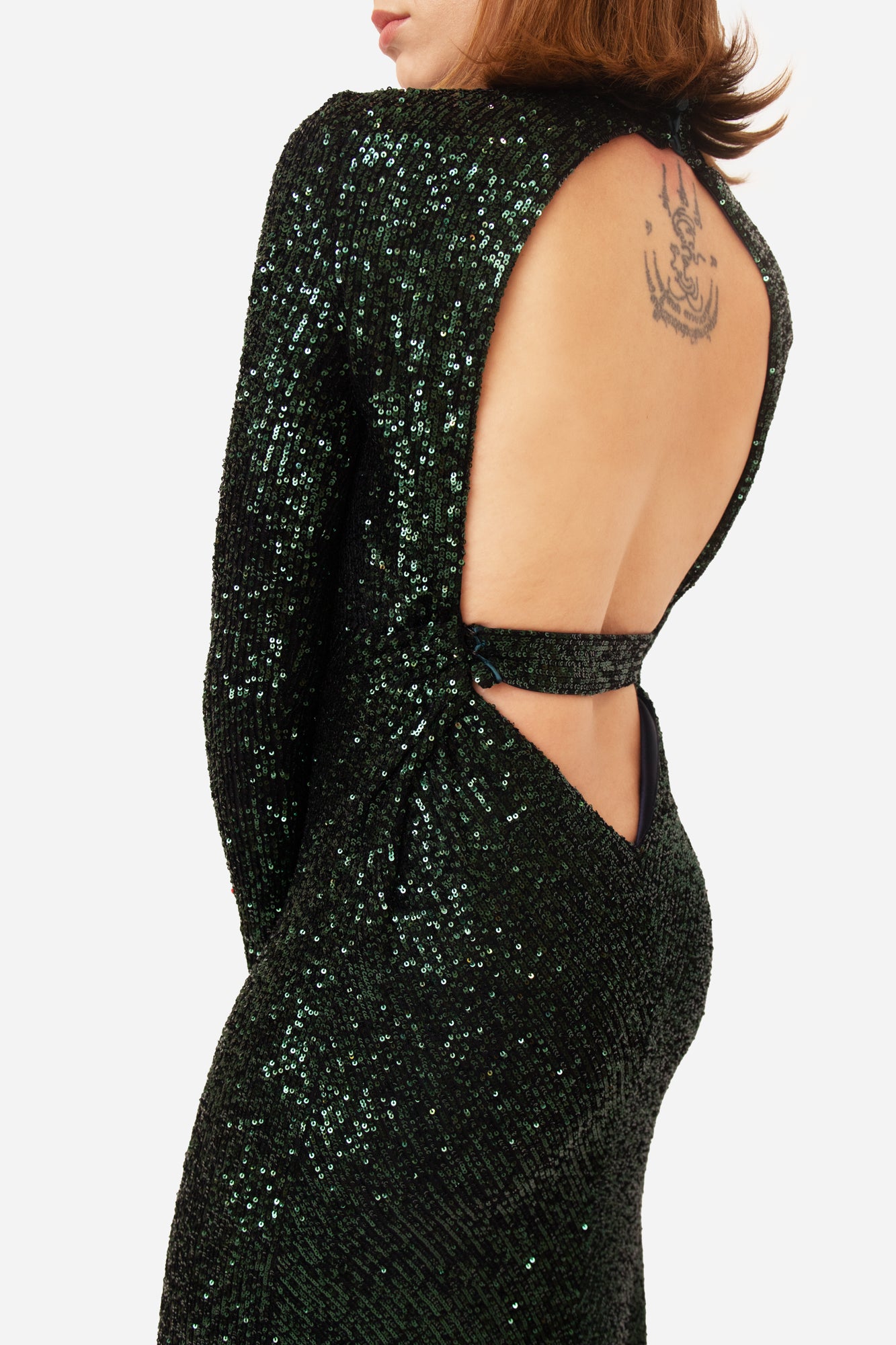 Green Sequin High Neck Open Back Maxi Dress