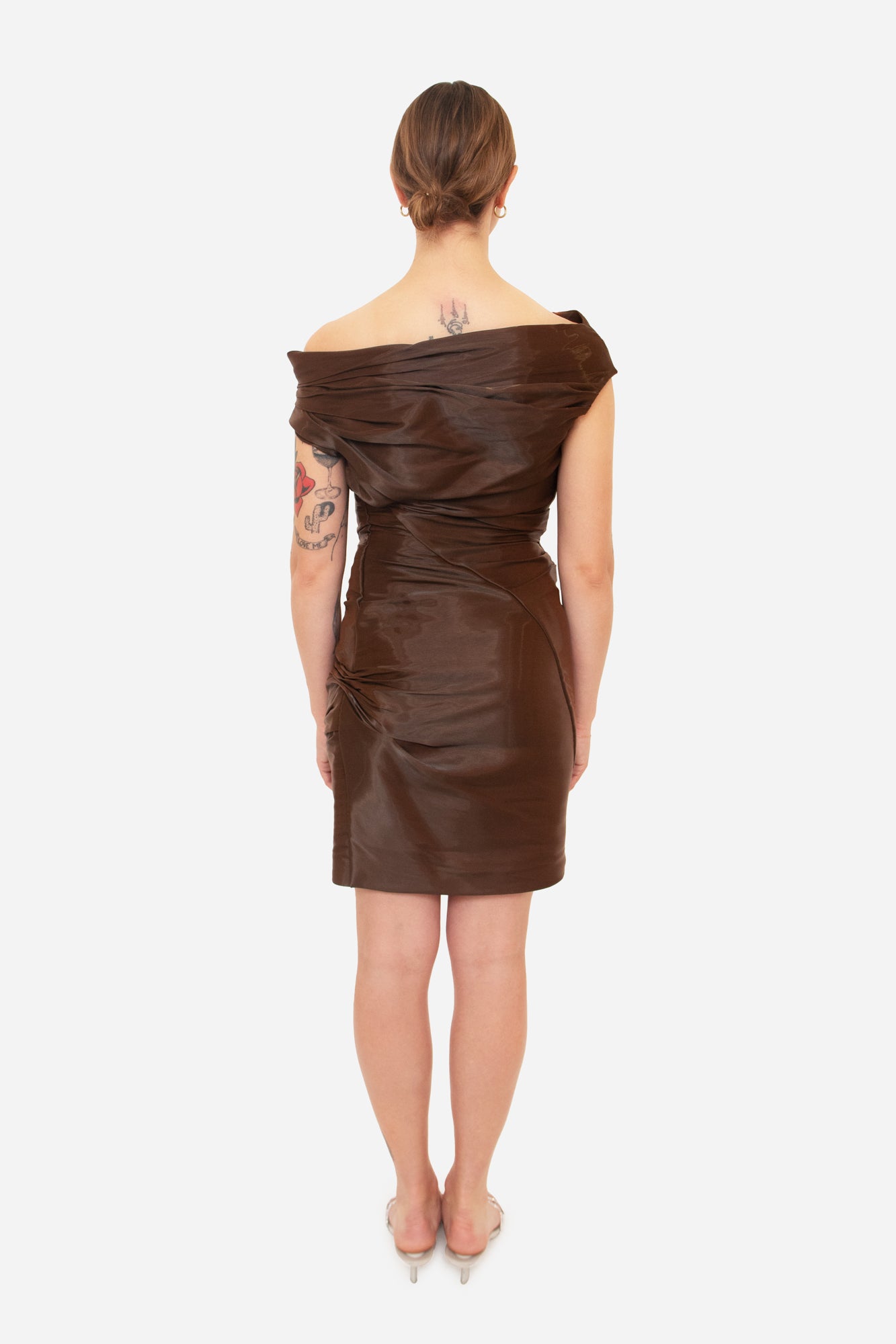 Brown Off Shoulder Wet Mini Dress