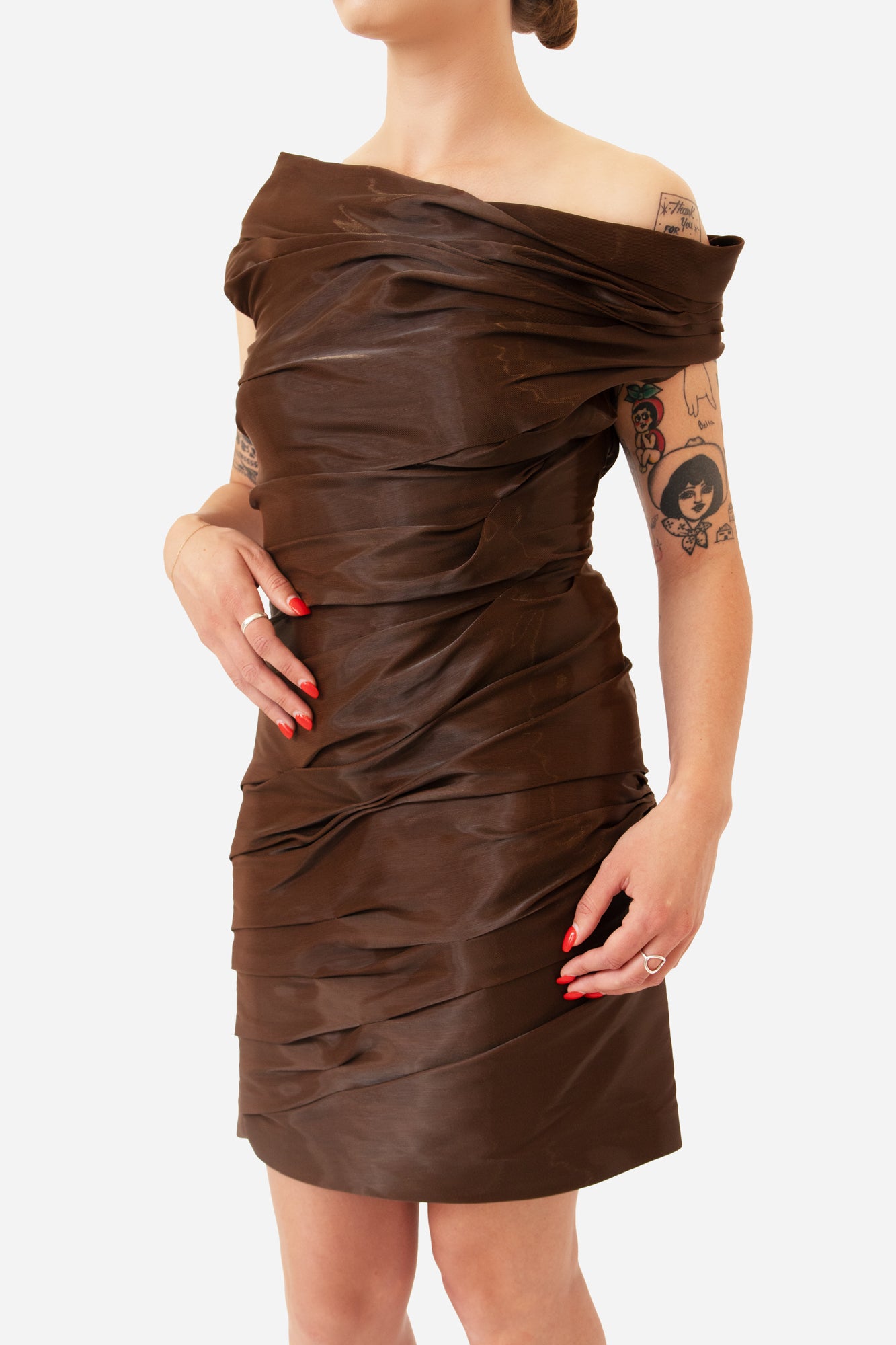 Brown Off Shoulder Wet Mini Dress