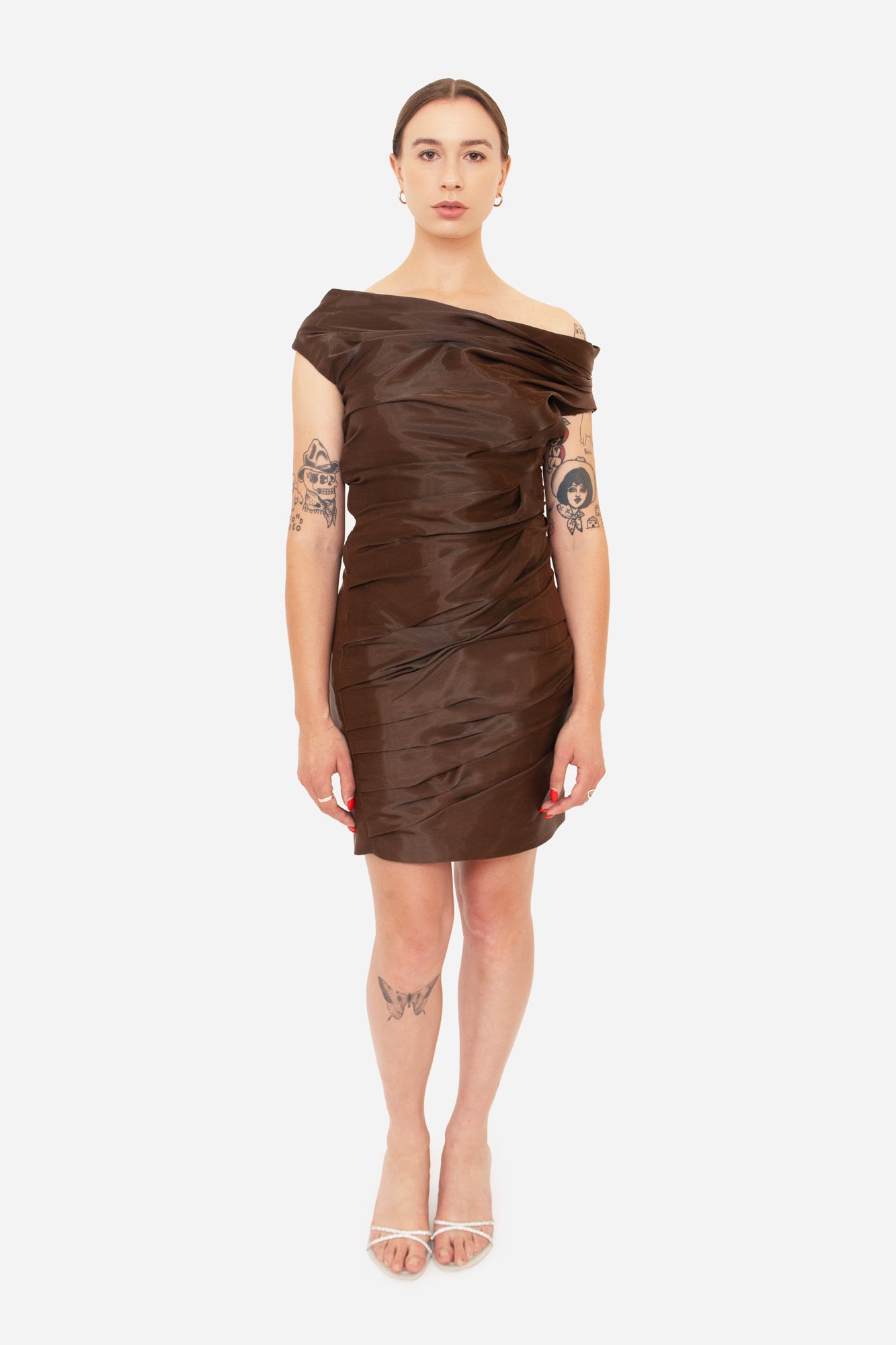 Brown Off Shoulder Wet Mini Dress